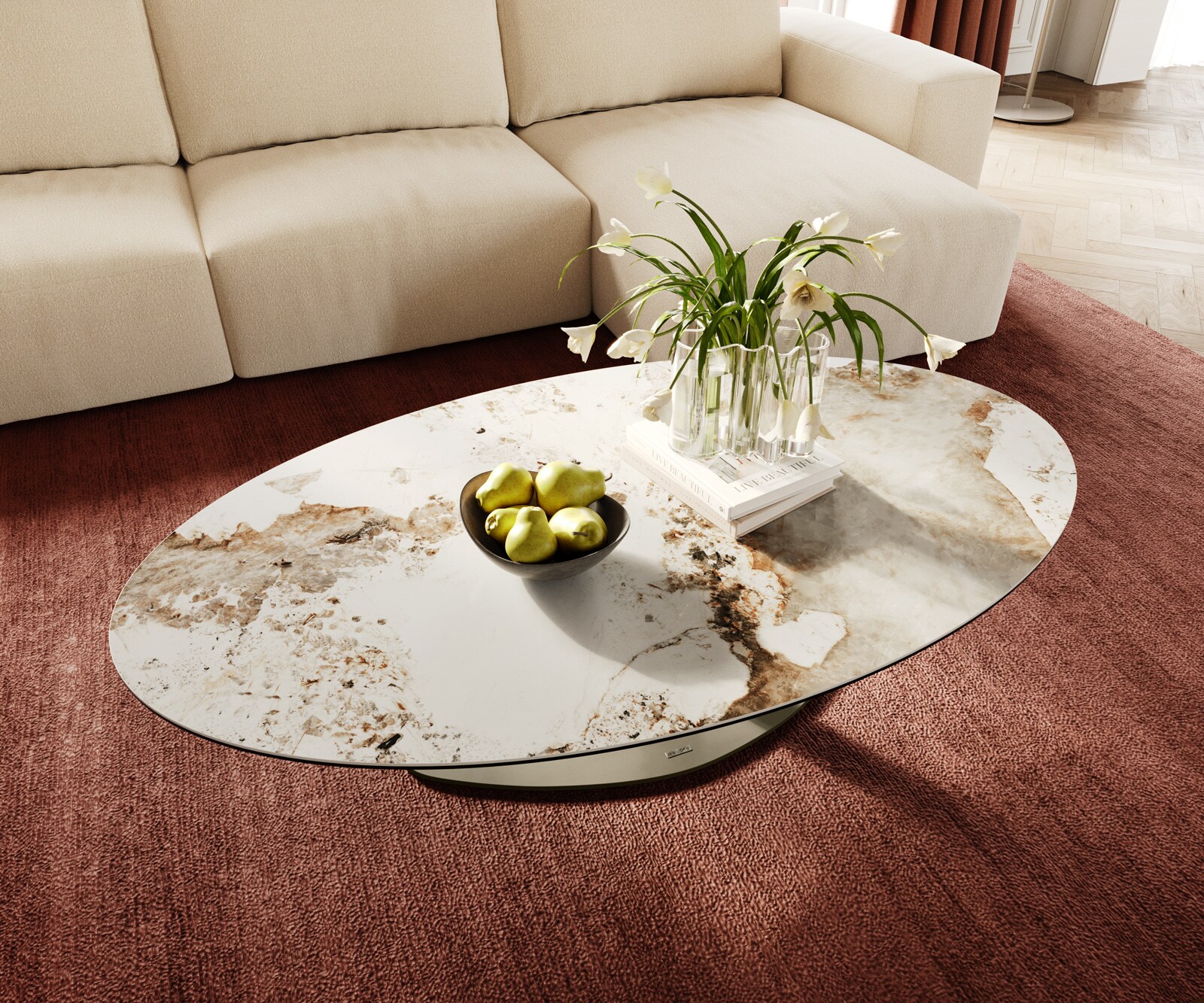 Wohnzimmertisch Edge Oval 140x80 cm Keramik Minas Melange Vibany Metall Effektfinish Titan