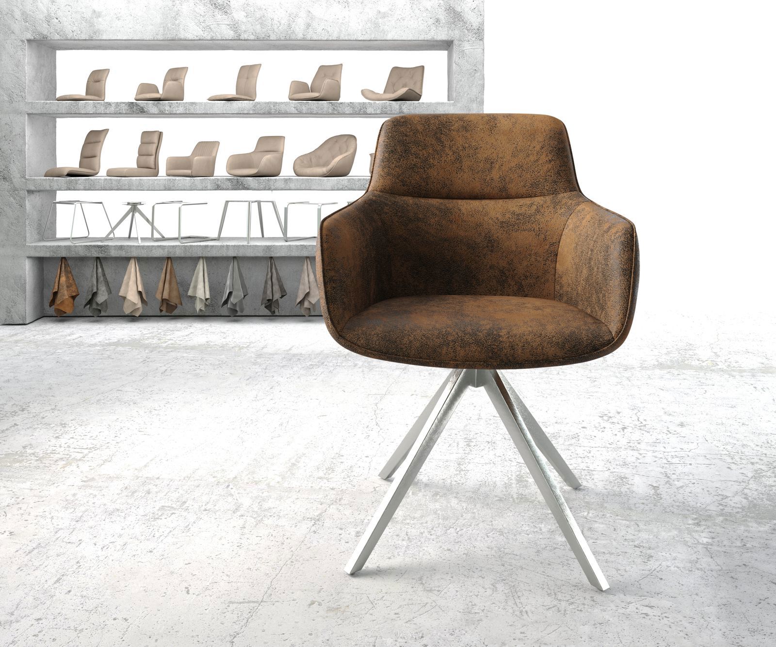 Drehstuhl Pejo-Flex Braun Antik Kreuzgestell kantig Edelstahl 180° drehbar 1
