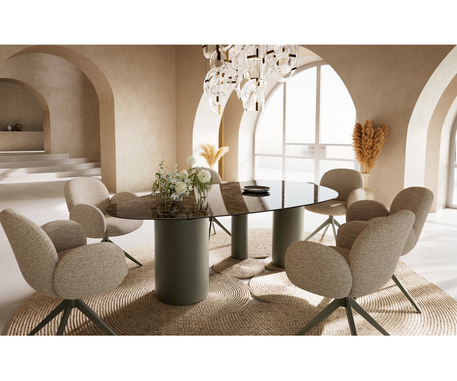 Table à manger Edge ovalee 220x120 céramique Laminam® Emperador Extra Lucidato marron foncé Troa métal effet finition titanee 4