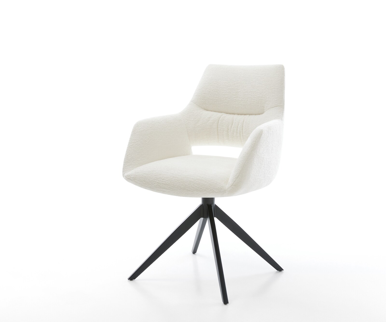 Chaise-pivotante Yago-Flex avec accoudoirs bouclé doux beige pied croisé large noir pivotement sur 360° fonction bascule resorts ensachés