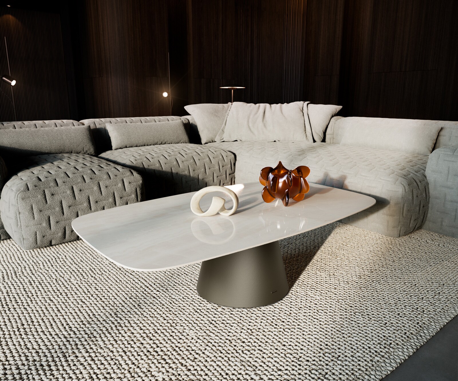 Table basse Edge forme bateau 140x80 cm céramique Onyx Champagne Borna finition effet titane