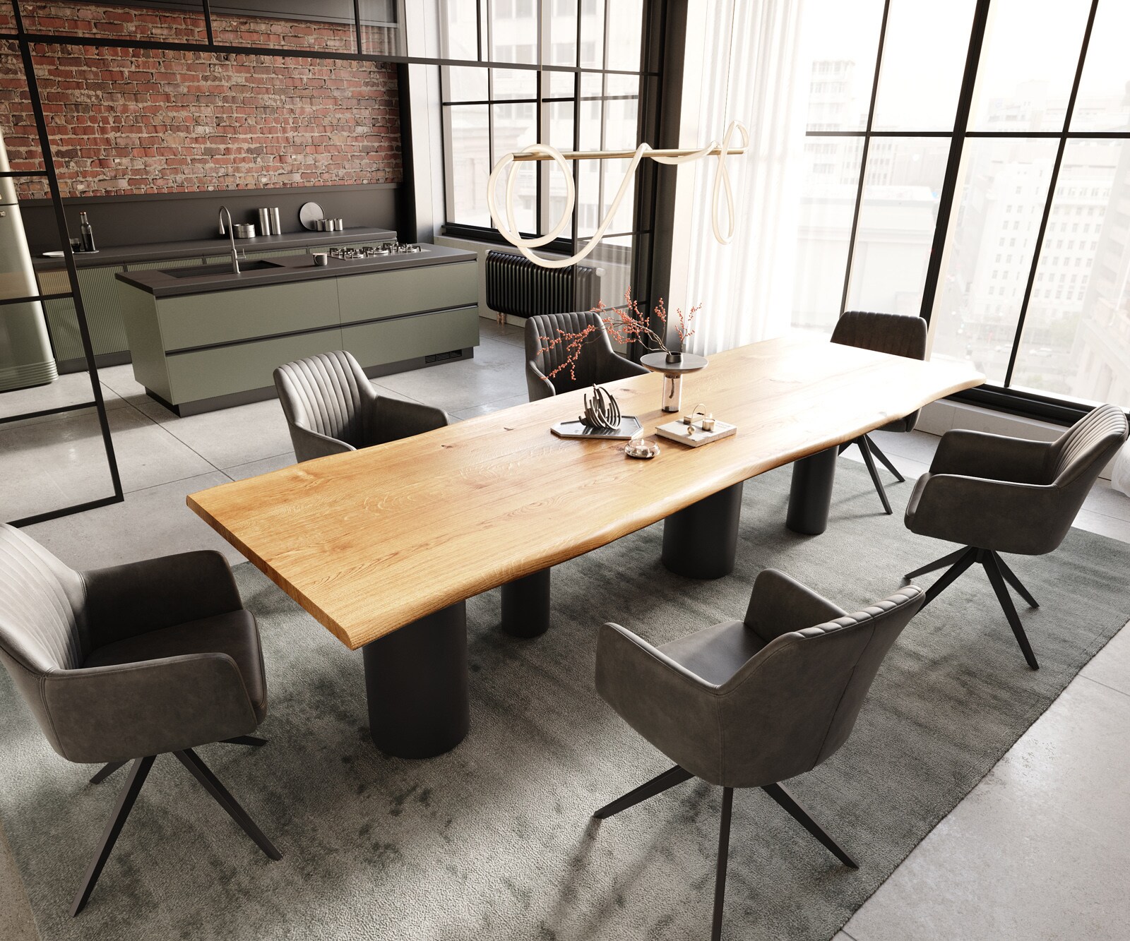 Esstisch Edge 300x100x4 Eiche Natur Pilier Metall Schwarz Live-Edge 5