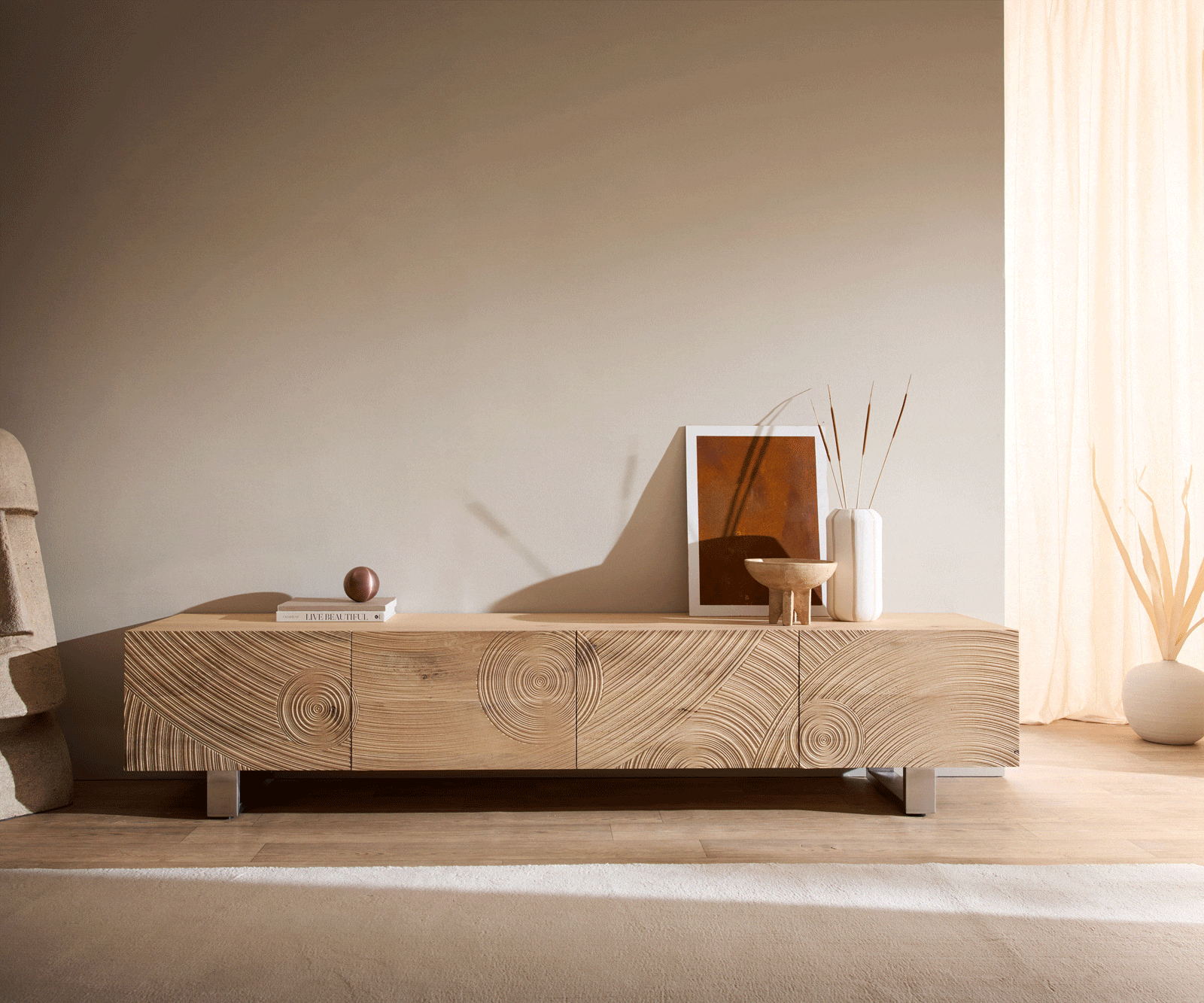 Lowboard Ashara 220 cm Eiche Natur 3D Effekt 4 Türen Kufe Edelstahl gebürstet 5