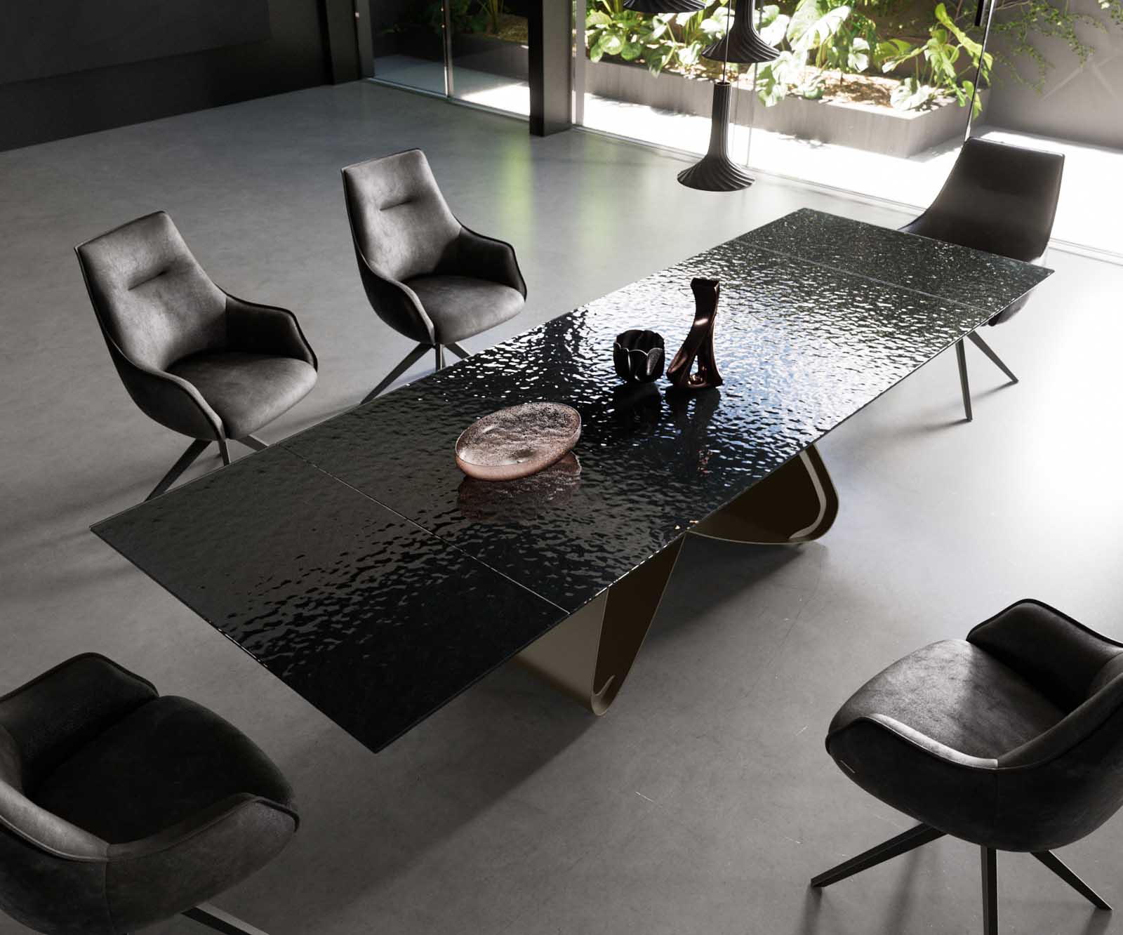 Esstisch Edge 200-300x100 Reliefglas Rauchschwarz 3D-Design W-Gestell Effektfinish Titan ausziehbar 4