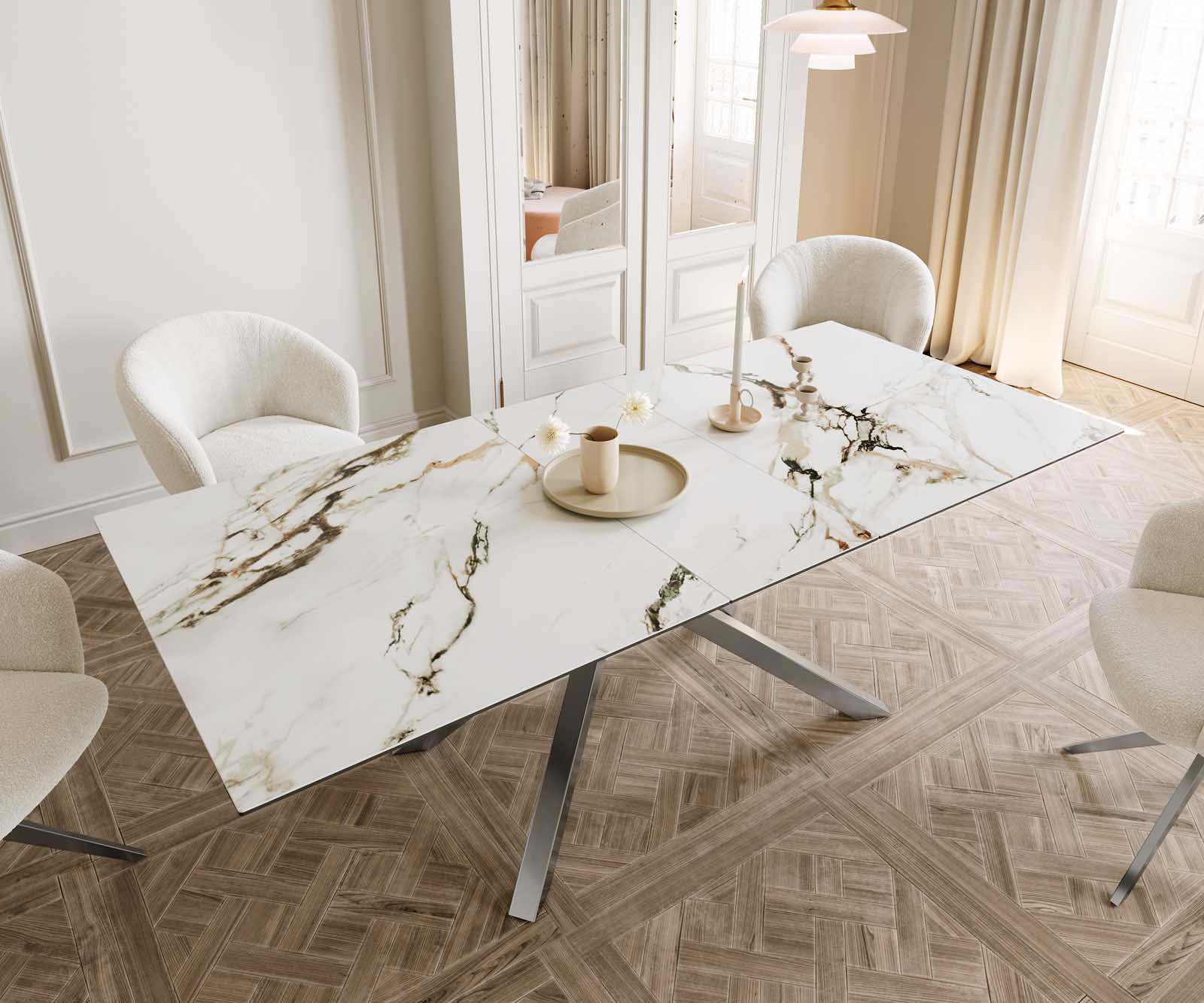 Esstisch Edge 180-220x100 Keramik Calacatta Luxe Weiß-Gold-Grau Kreuzgestell Rechteck Edelstahl ausziehbar 5 Esstisch Edge 180-220x100 Keramik Calacatta Luxe Weiß-Gold-Grau Kreuzgestell Rechteck Edelstahl ausziehbar 5