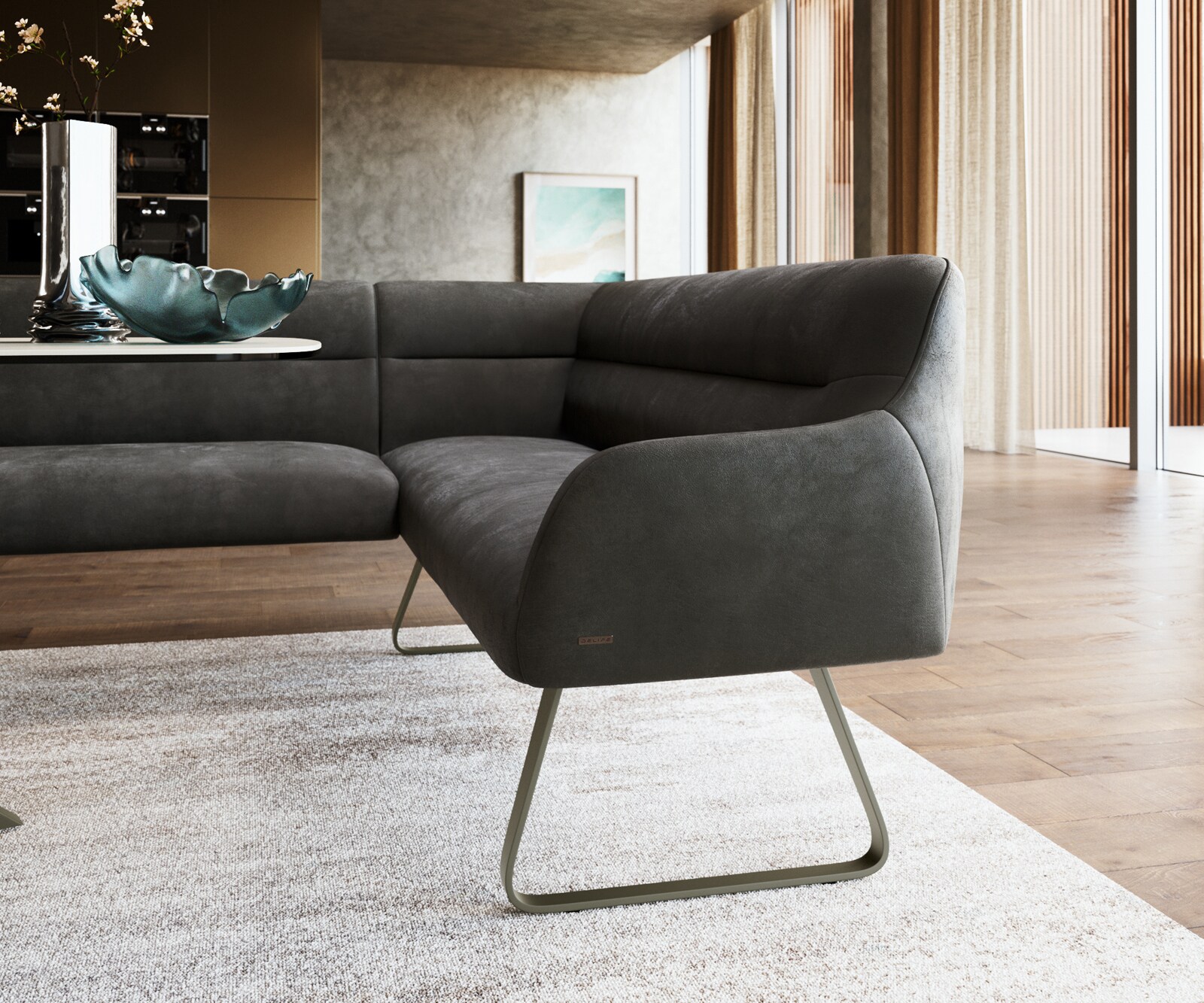 Esszimmerbank Taya-Flex 285x190 cm Mikrofaser Anthrazit Vintage Kufengestell flach Effektfinish Titan Taschenfederkern Links 4