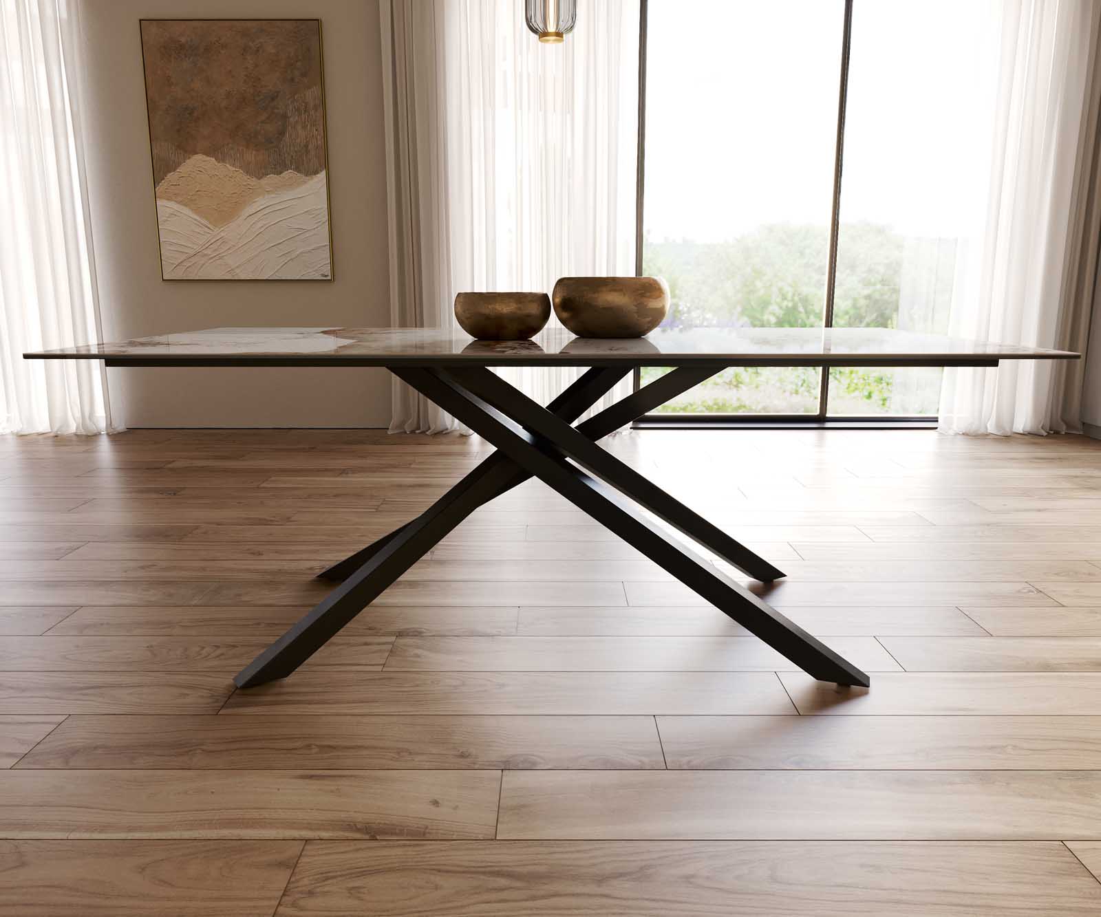 Esstisch Edge 200x100 Keramik Minas Melange Weiß-Beige Kreuzgestell Rechteck Schwarz 8