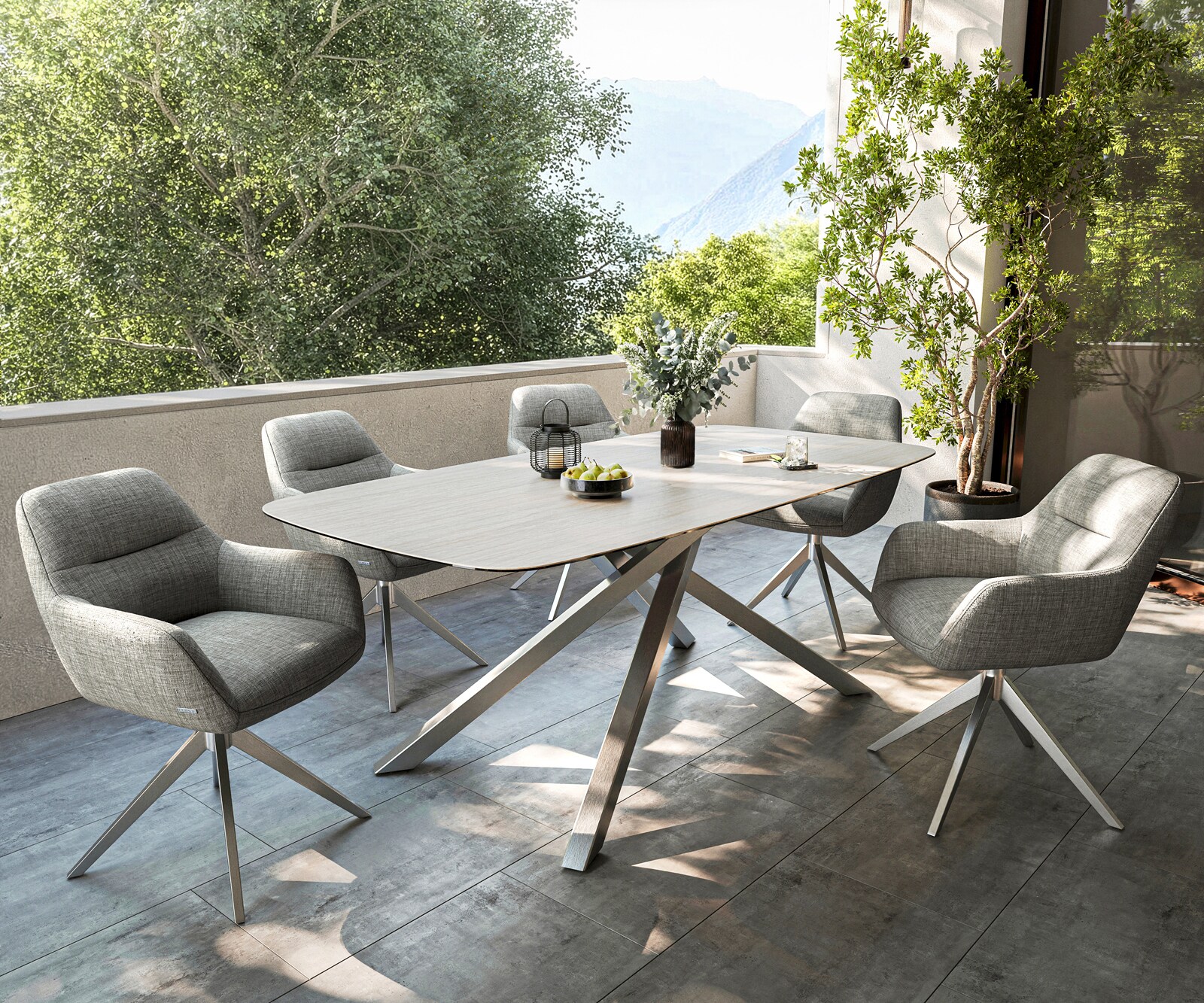 Outdoortisch Edge Boot 200x100 cm Keramik Laminam® Travertino Bianco Creme-Weiß Kreuzgestell Rechteck Edelstahl 7