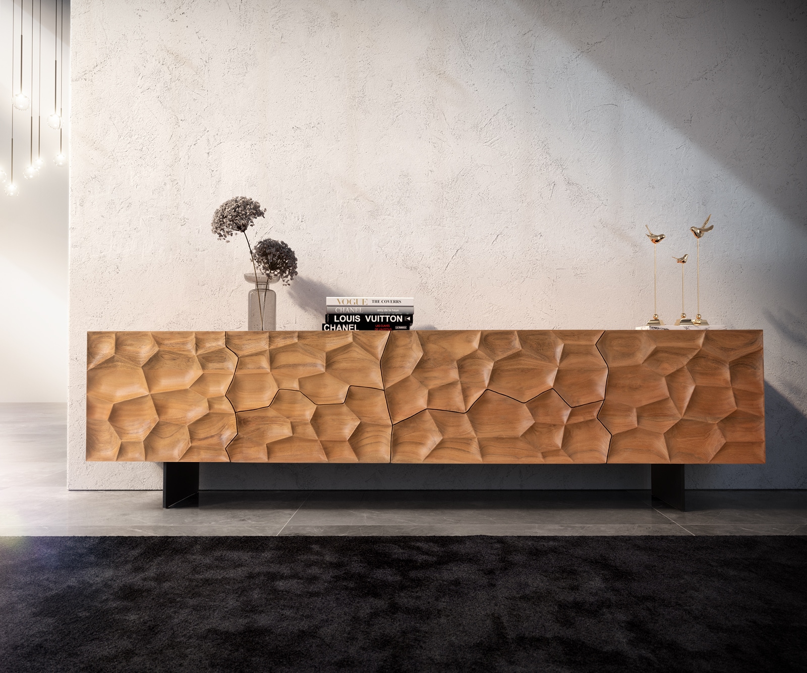 Lowboard Solu 220 cm Akazie Natur 2 Türen 4 Schübe Fuß schwebend Metall Schwarz 3D-Front 1 Lowboard Solu 220 cm Akazie Natur 2 Türen 4 Schübe Fuß schwebend Metall Schwarz 3D-Front 1