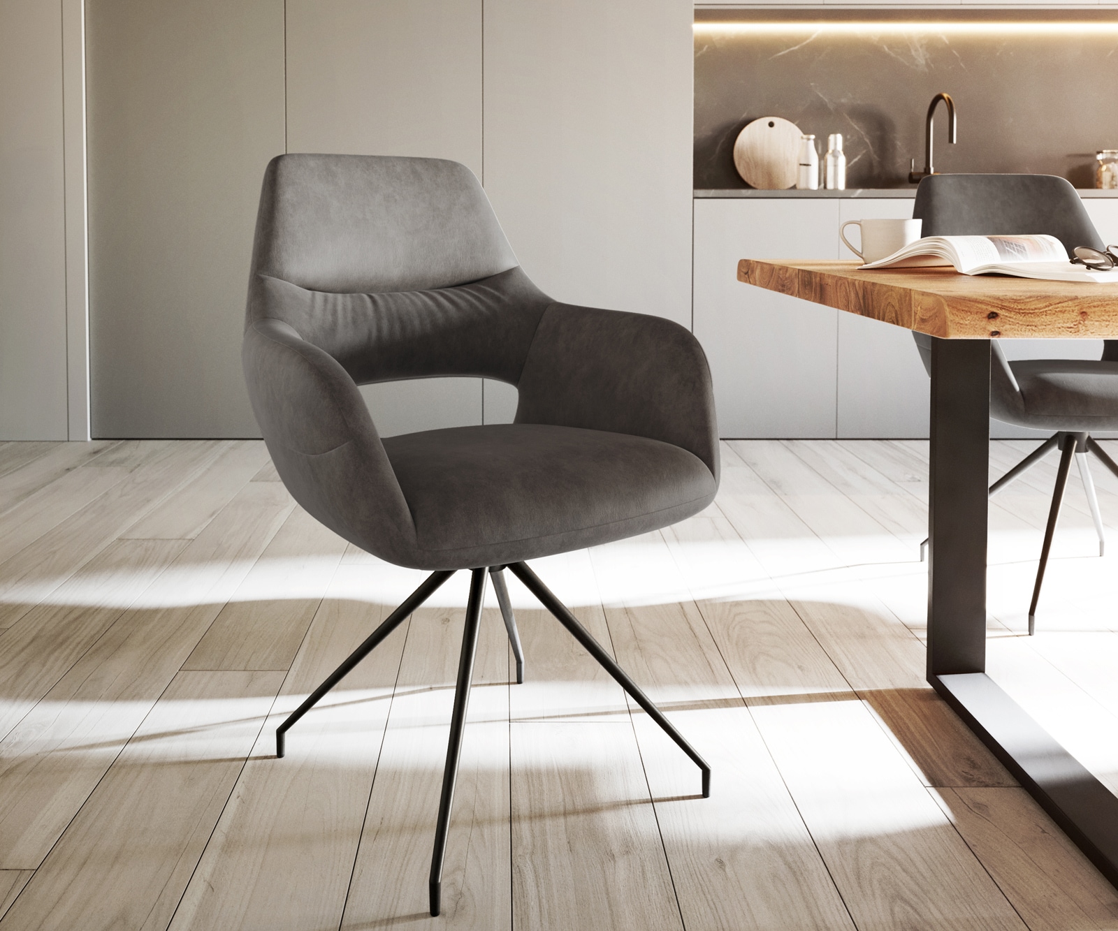 Esszimmerstuhl Yago-Flex mit Armlehnen Mikrofaser Anthrazit Vintage Kreuzgestell konisch Schwarz Taschenfederkern Esszimmerstuhl Yago-Flex mit Armlehnen Mikrofaser Anthrazit Vintage Kreuzgestell konisch Schwarz Taschenfederkern