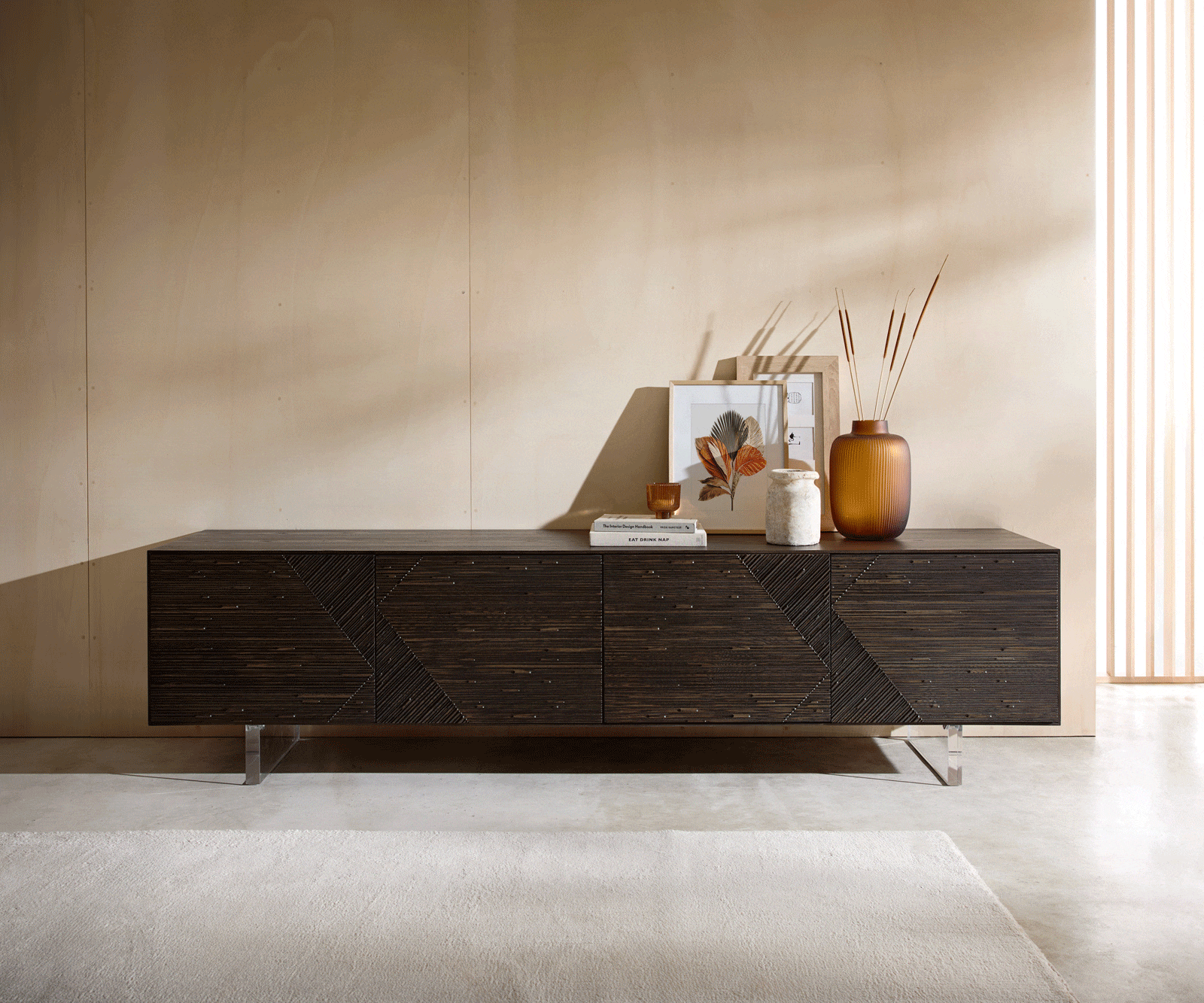 Lowboard Tereos 220 cm Esche Dunkelbraun 3D Effekt 4 Türen Fuß Schwebeoptik Acrylglas 4 Lowboard Tereos 220 cm Esche Dunkelbraun 3D Effekt 4 Türen Fuß Schwebeoptik Acrylglas 4