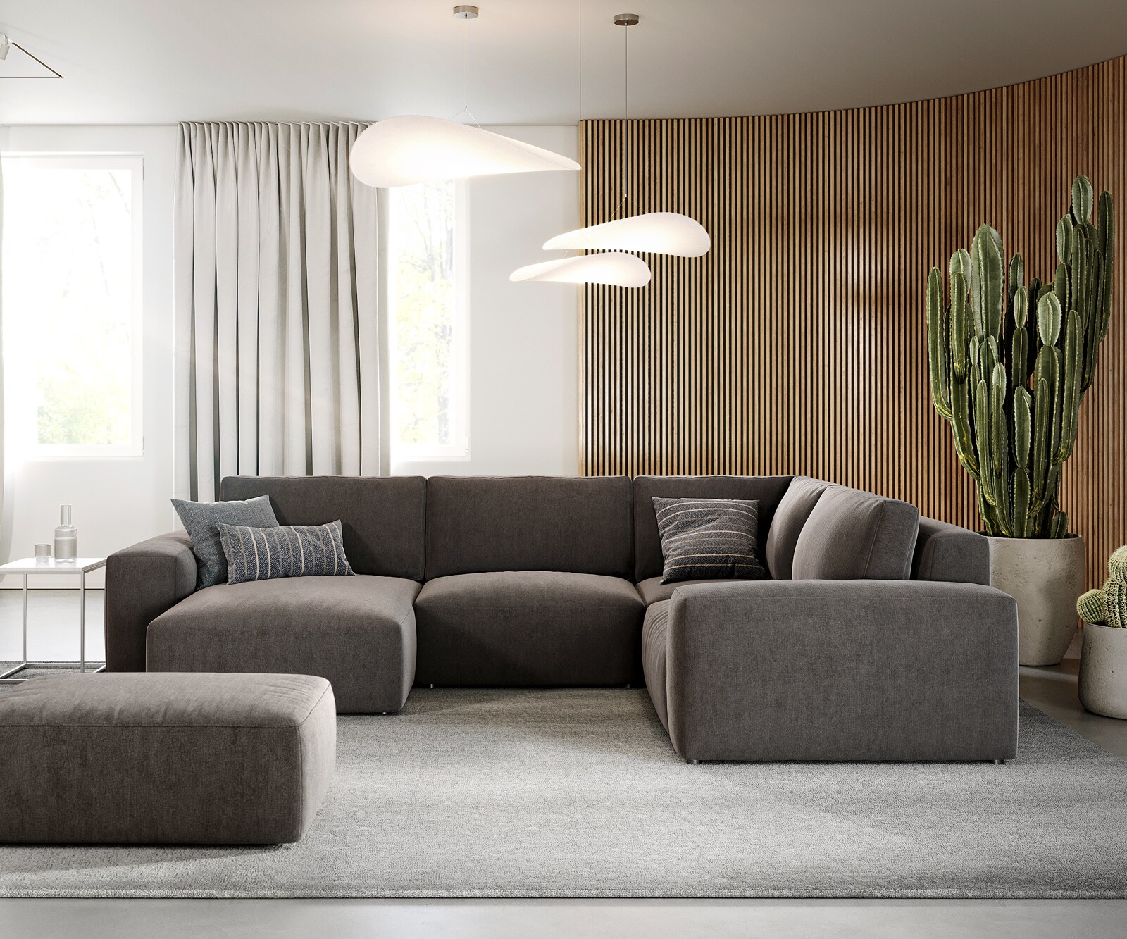 Wohnlandschaft Lanzo 300x210 cm Mikrofaser Khakibraun Recamiere variabel mit Hocker