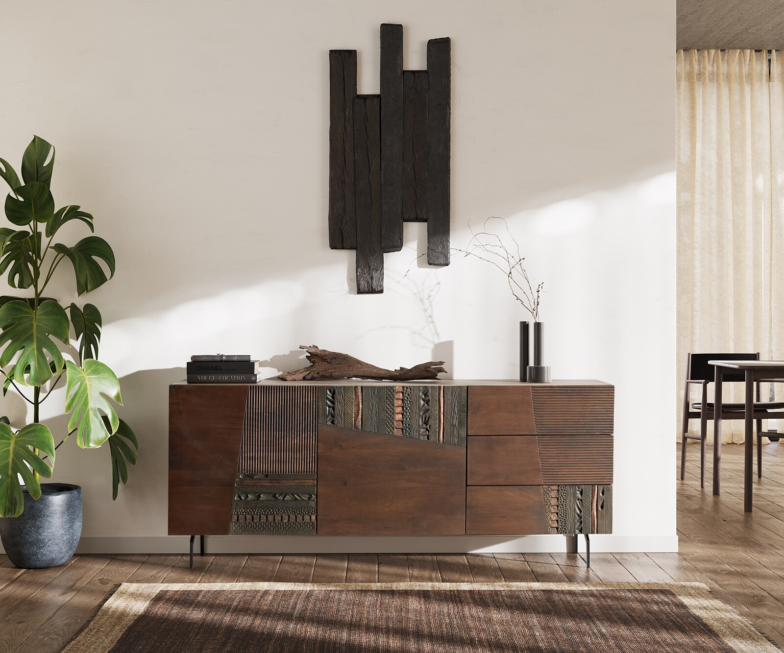Sideboard Imara 175 cm Mango Braun 2 Türen 3 Schubladen Winkelfuß Metall Schwarz 1