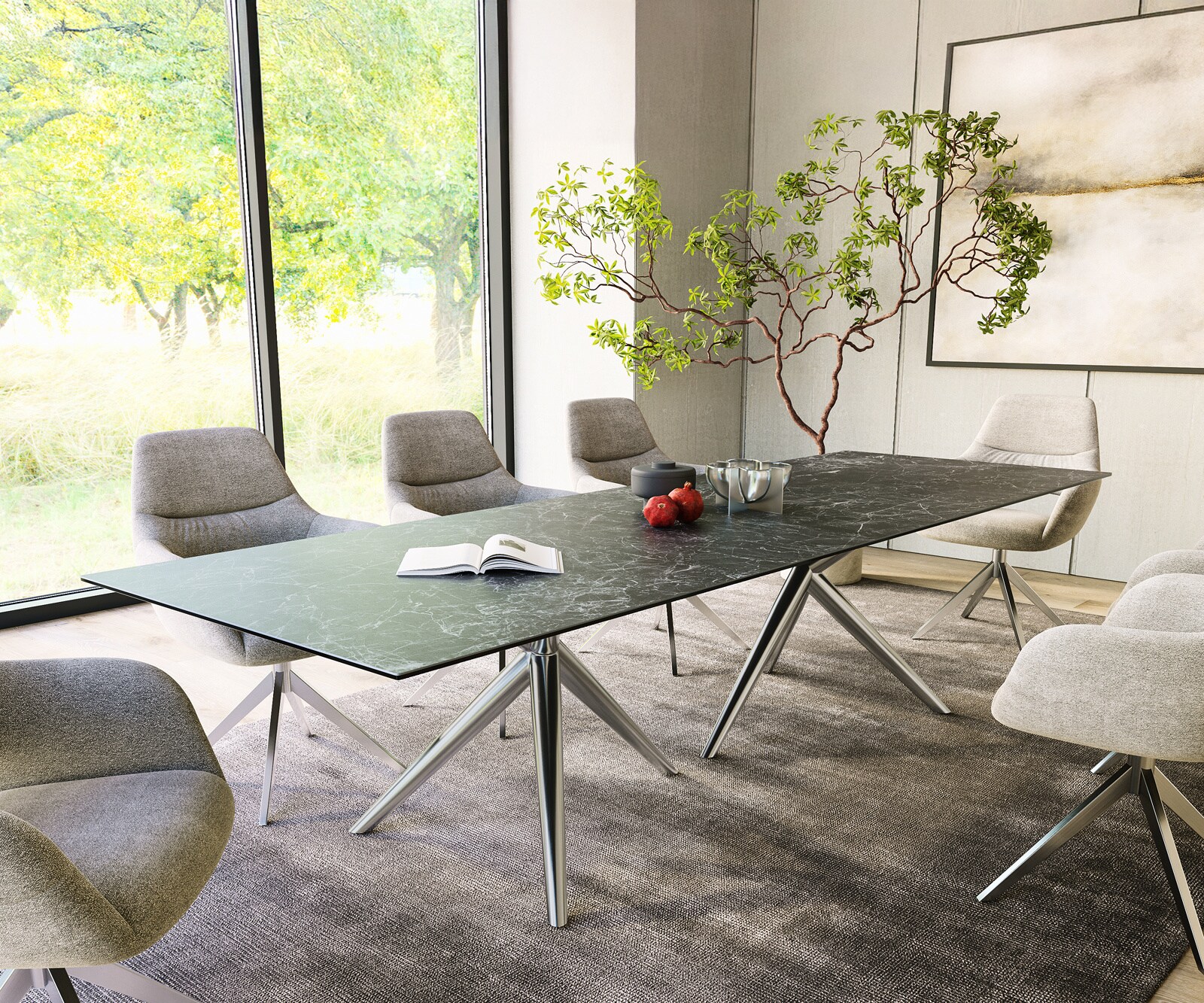 Esstisch Edge 300x100 Keramik Laminam®Nero Greco Anthrazit Estelar rund Edelstahl
