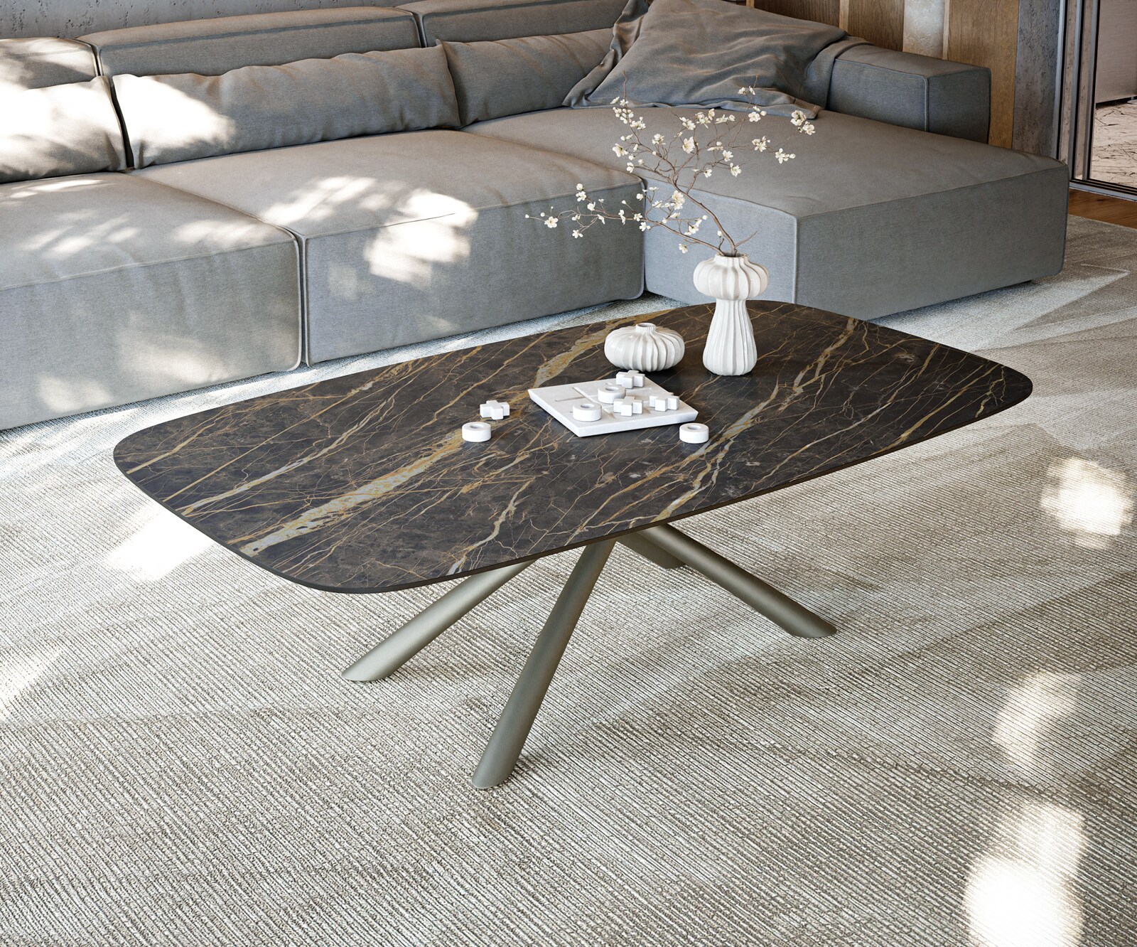 Couchtisch Edge Boot 140x80 cm Keramik Laminam® Noir Desir Braun Sarity Metall Effektfinish Titan 1