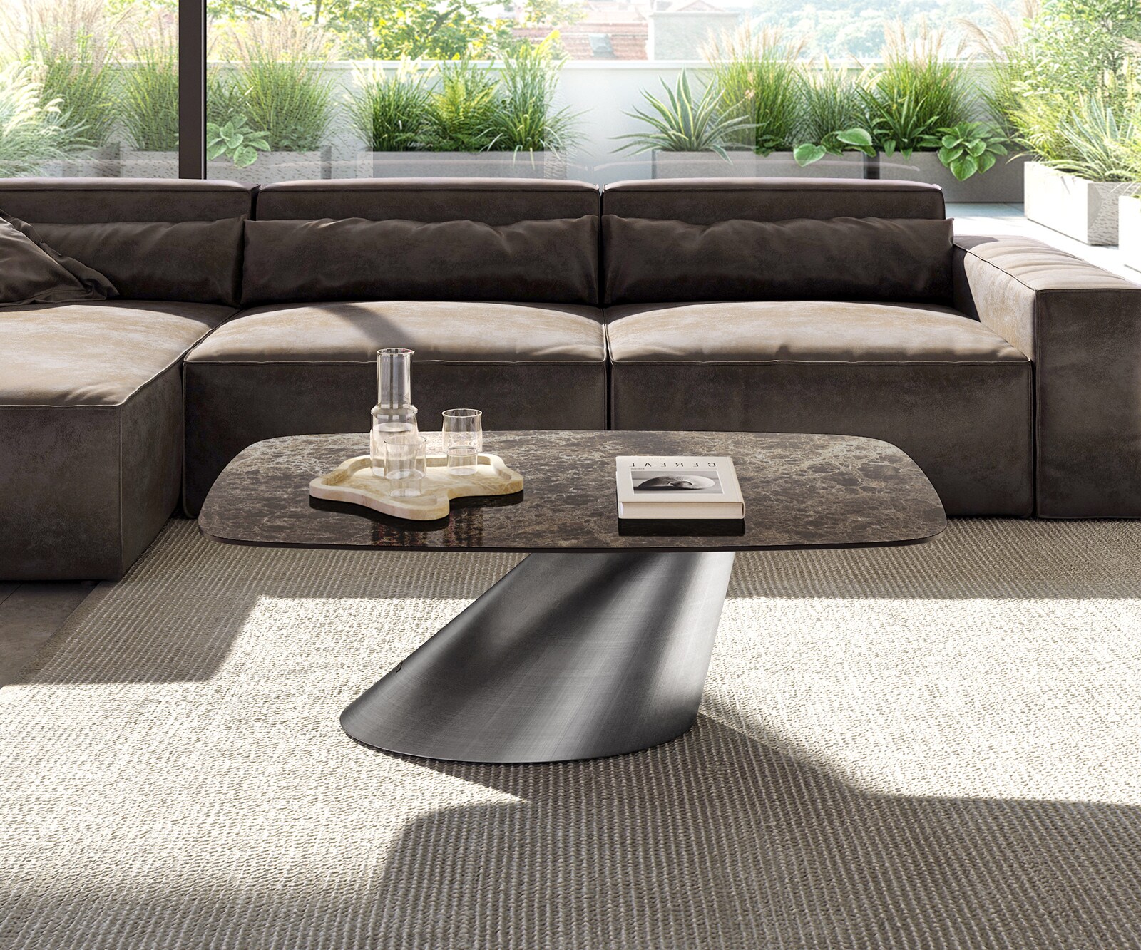 Couchtisch Edge Boot 120x70 cm Keramik Laminam® Emperador Extra Lucidato Dunkelbraun Conis Metallic Silber 1