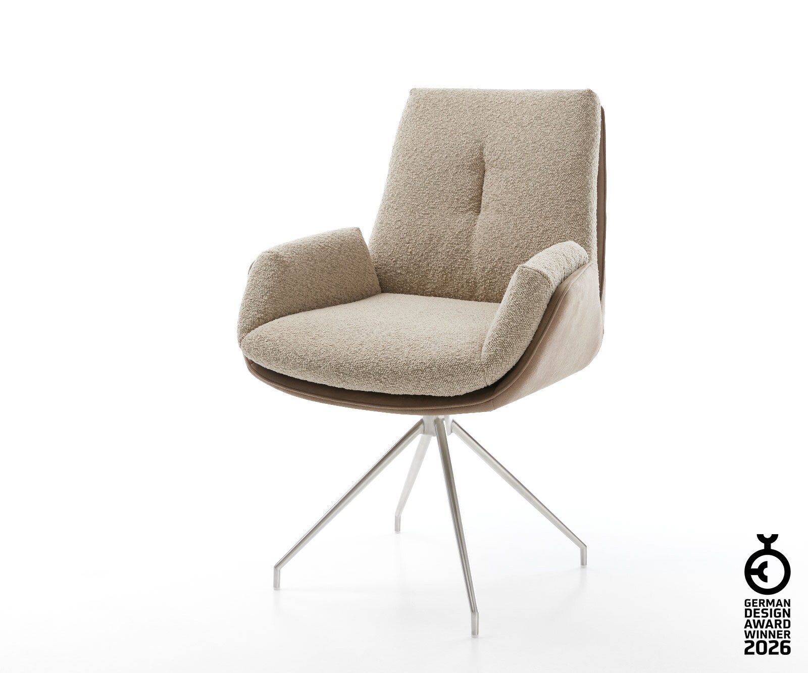 Chaise-pivotante Clea-Flex tissu mixte couleur boue pied croisé conique acier inoxydable brossé pivotement sur 180°