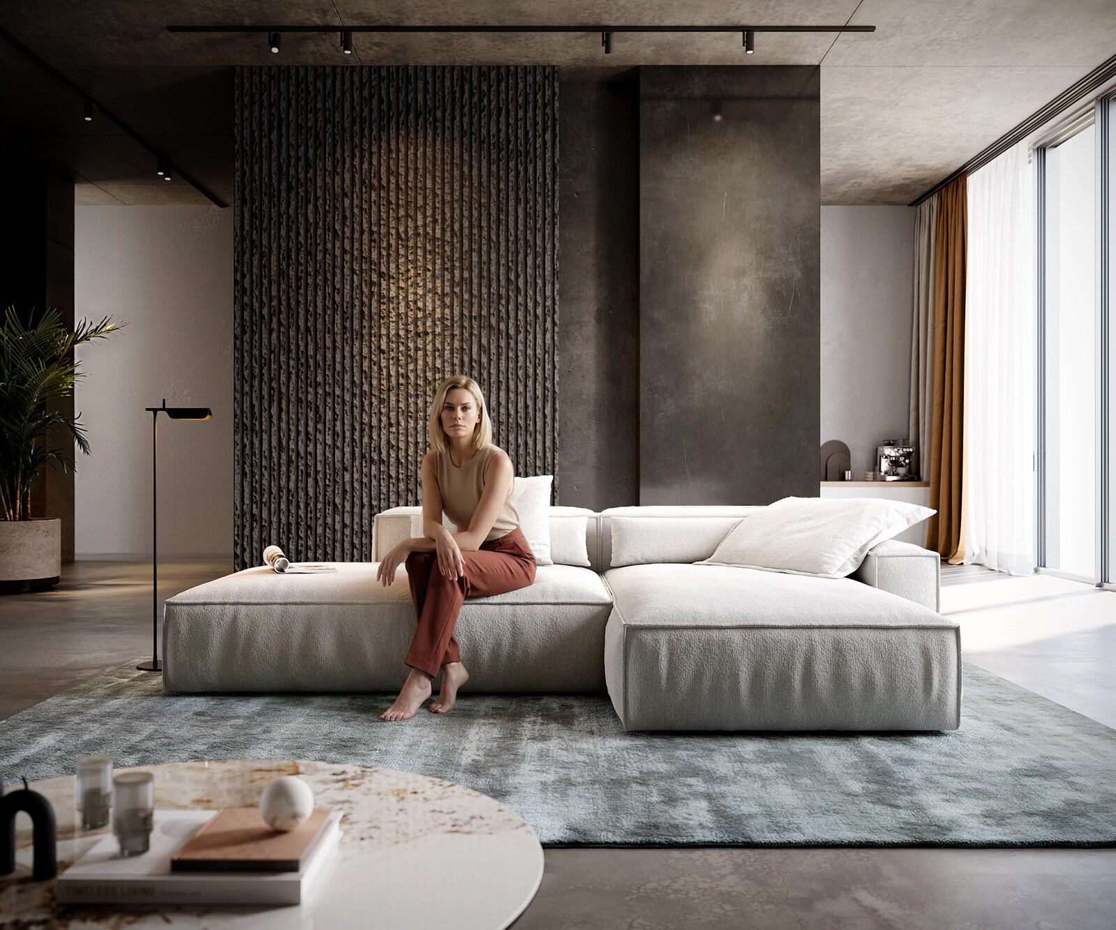 Ecksofa Freestyle 310x200 cm Bouclé Soft Beige Kedernaht 1