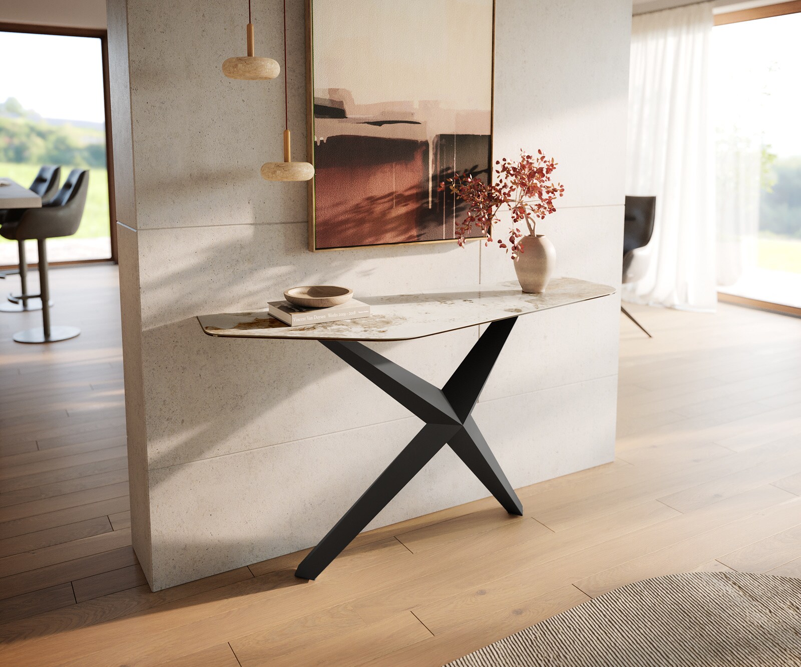 Console Edge Polygonal 140x50 cm Céramique Minas Melange Weiß-Beige Zentharo Métal Noir 1