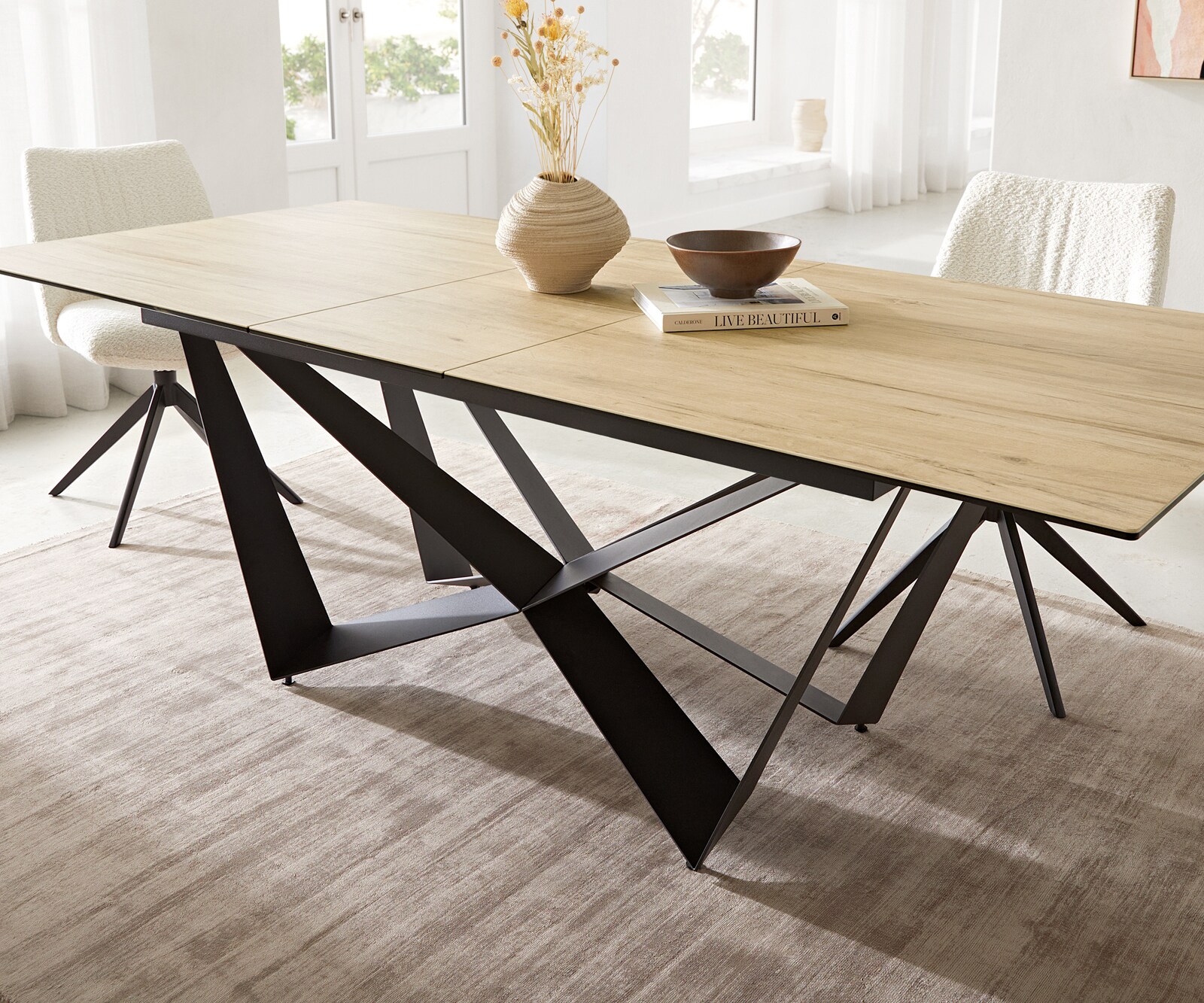 Table à manger Edge 180-220x100 céramique Laminam® Sabbia couleur chêne Spider acier plat noir extensible 7