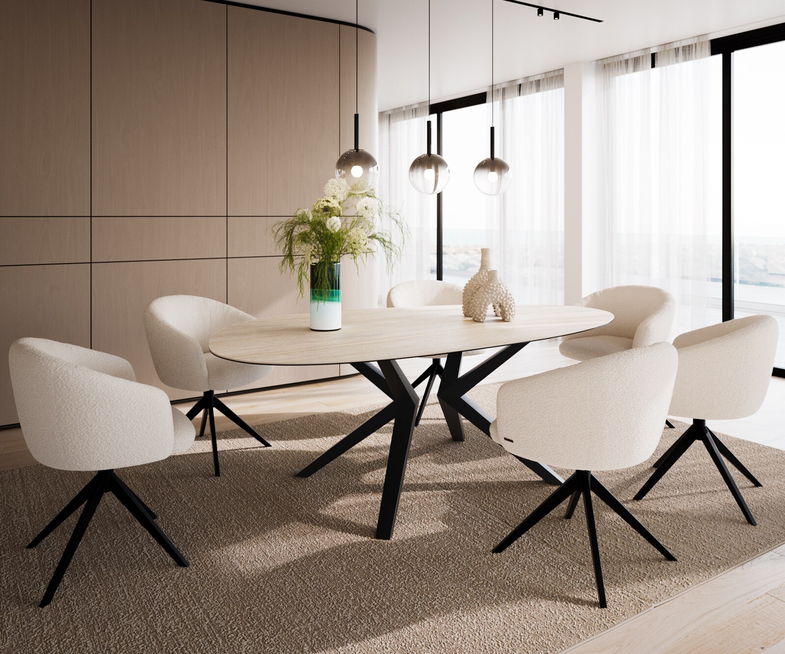 Table à manger Edge Ovale 220x120 Céramique Laminam®Travertino Bianco Crème-Blanc​ Zenthara anguleux Métal Noir 6