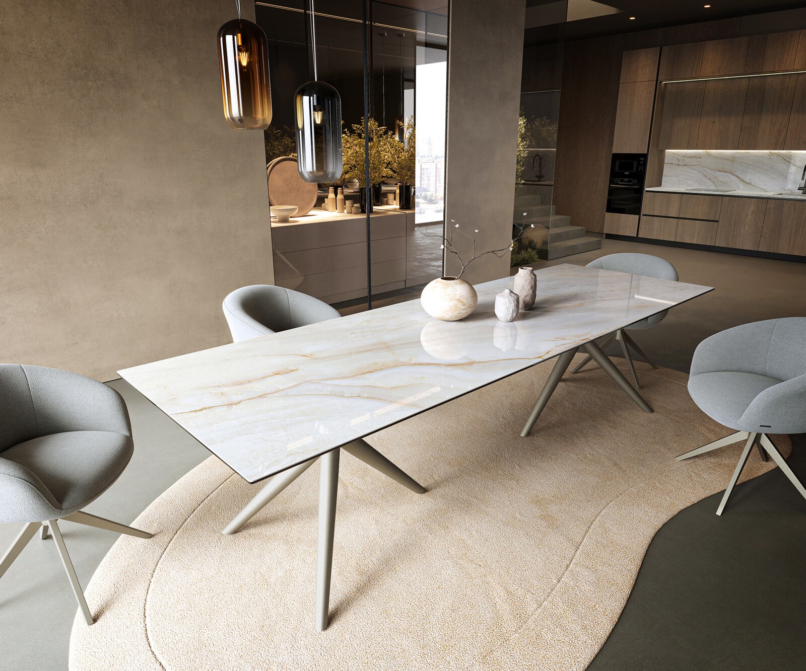 Table à manger Edge 300x100 cm céramique Onyx Pearl Estelar rond métal finition effet titane