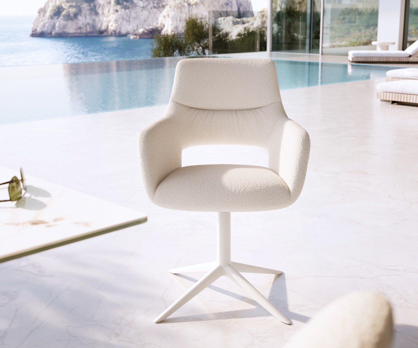 Chaise-d'extérieur Yago-Flex avec accoudoirs bouclé blanc pied de chaise 4 branches blanc pivotement sur 360° fonction bascule 1