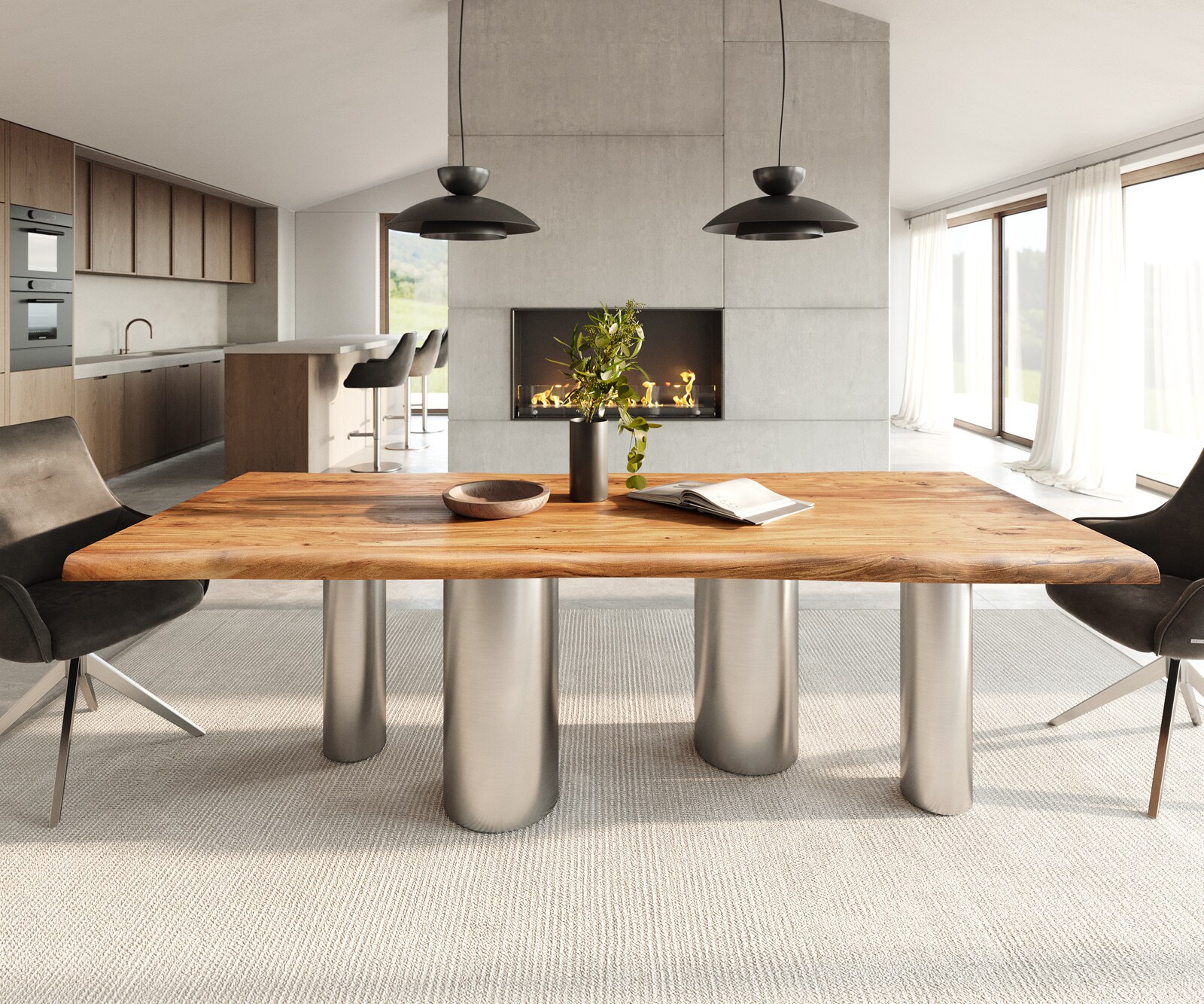 Table à manger Edge 240x100 Acacia Nature Pilier Acier inoxydable brossé Live-Edge 1