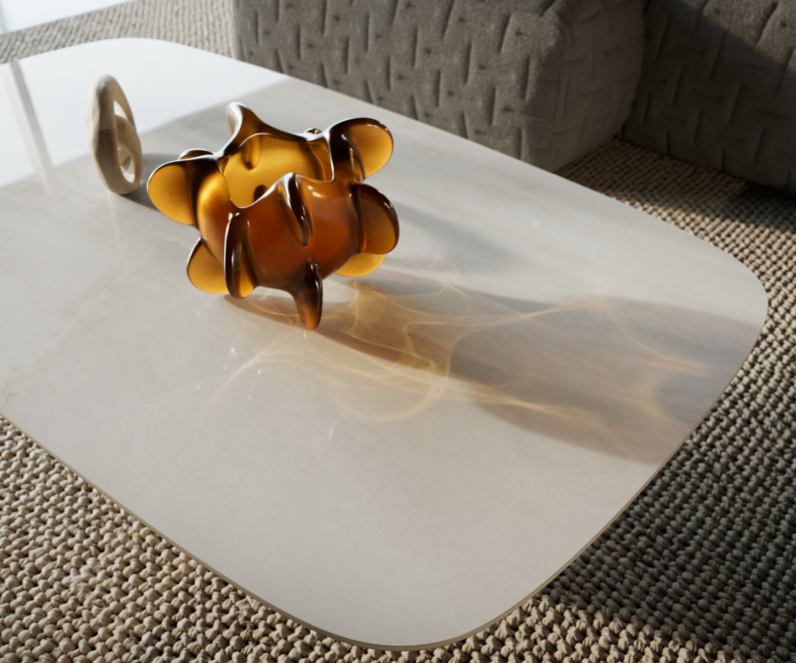 Table basse Edge forme bateau 140x80 cm céramique Onyx Champagne Borna finition effet titane 3