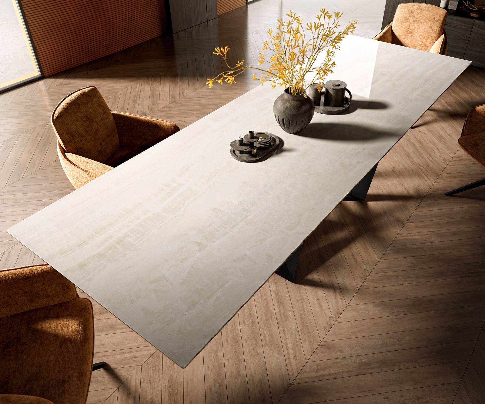 Table à manger Edge 300x100 cm céramique Onyx Champagne Spider acier plat noir 4