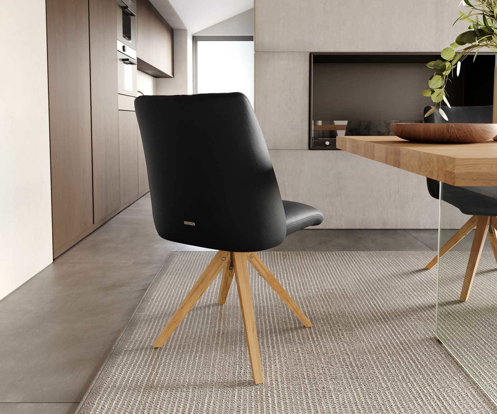 Drehstuhl Elso-Flex Echt-Leder Schwarz Holzgestell kantig Natur 180° drehbar Taschenfederkern 4