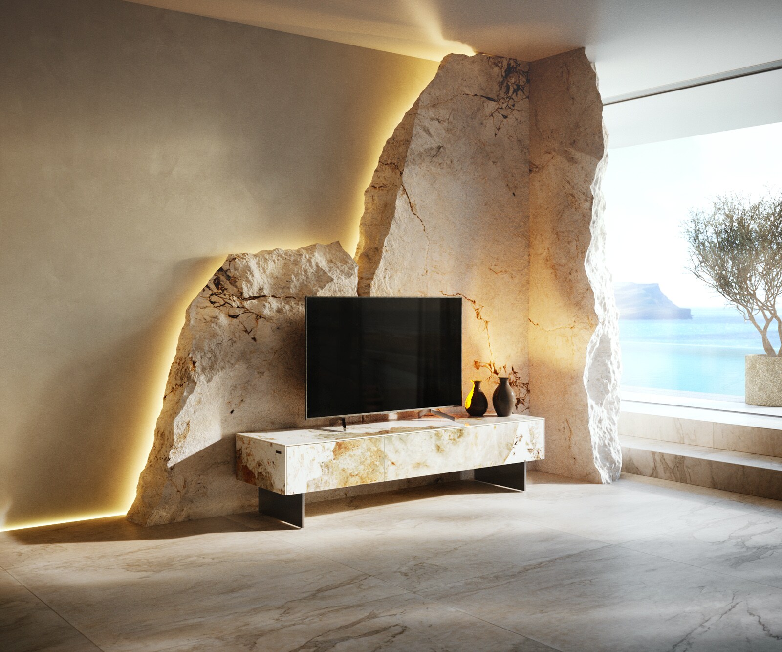 Meuble-TV Cuor 150 cm Céramique Minas Melange Blanc-beige 1 Clapet 1 Tiroir Pied optique flottant Ancier inoxydable 1