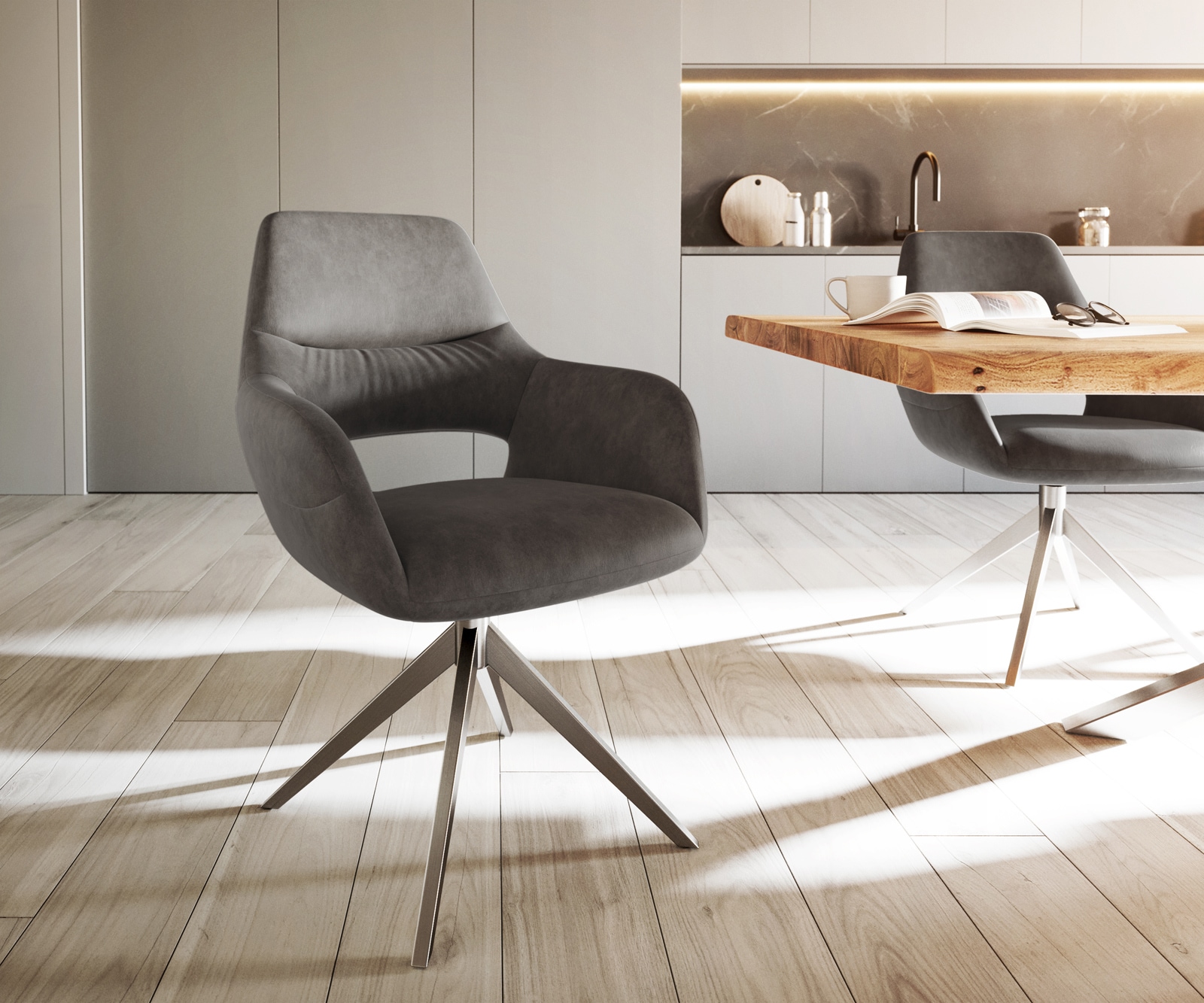 Esszimmerstuhl Yago-Flex mit Armlehnen Mikrofaser Anthrazit Vintage Kreuzgestell breit Edelstahl Taschenfederkern Esszimmerstuhl Yago-Flex mit Armlehnen Mikrofaser Anthrazit Vintage Kreuzgestell breit Edelstahl Taschenfederkern