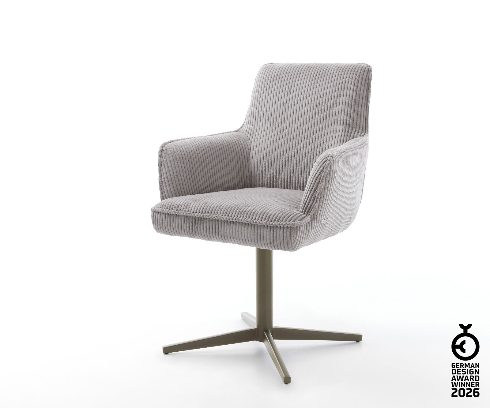 Chaise-pivotante Heira-Flex avec accoudoirs côtelé gris argenté pied de chaise 4 branches aspect titane pivotement sur 360° ressorts ensachés