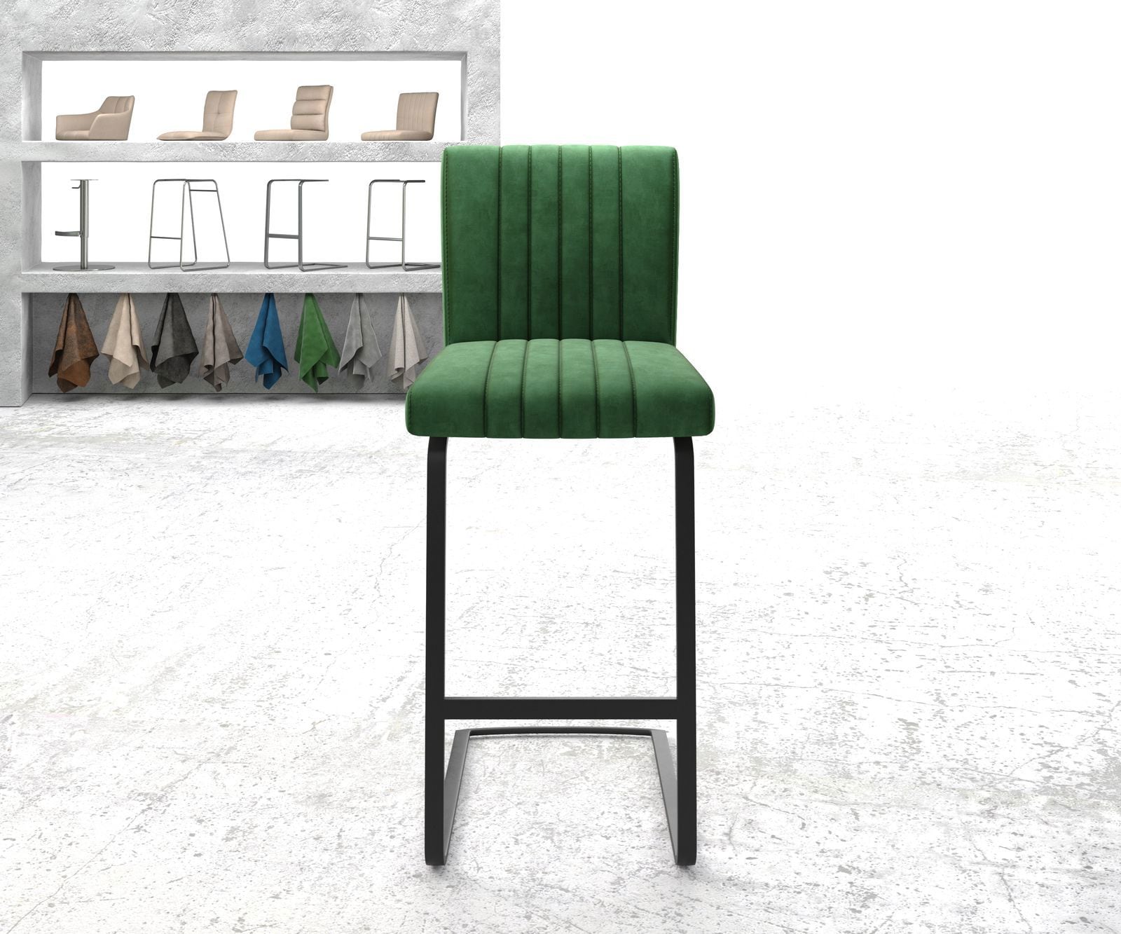 Barstuhl Luiga-Flex Samt Grün Freischwinger flach Metall 1 Barstuhl Luiga-Flex Samt Grün Freischwinger flach Metall 1