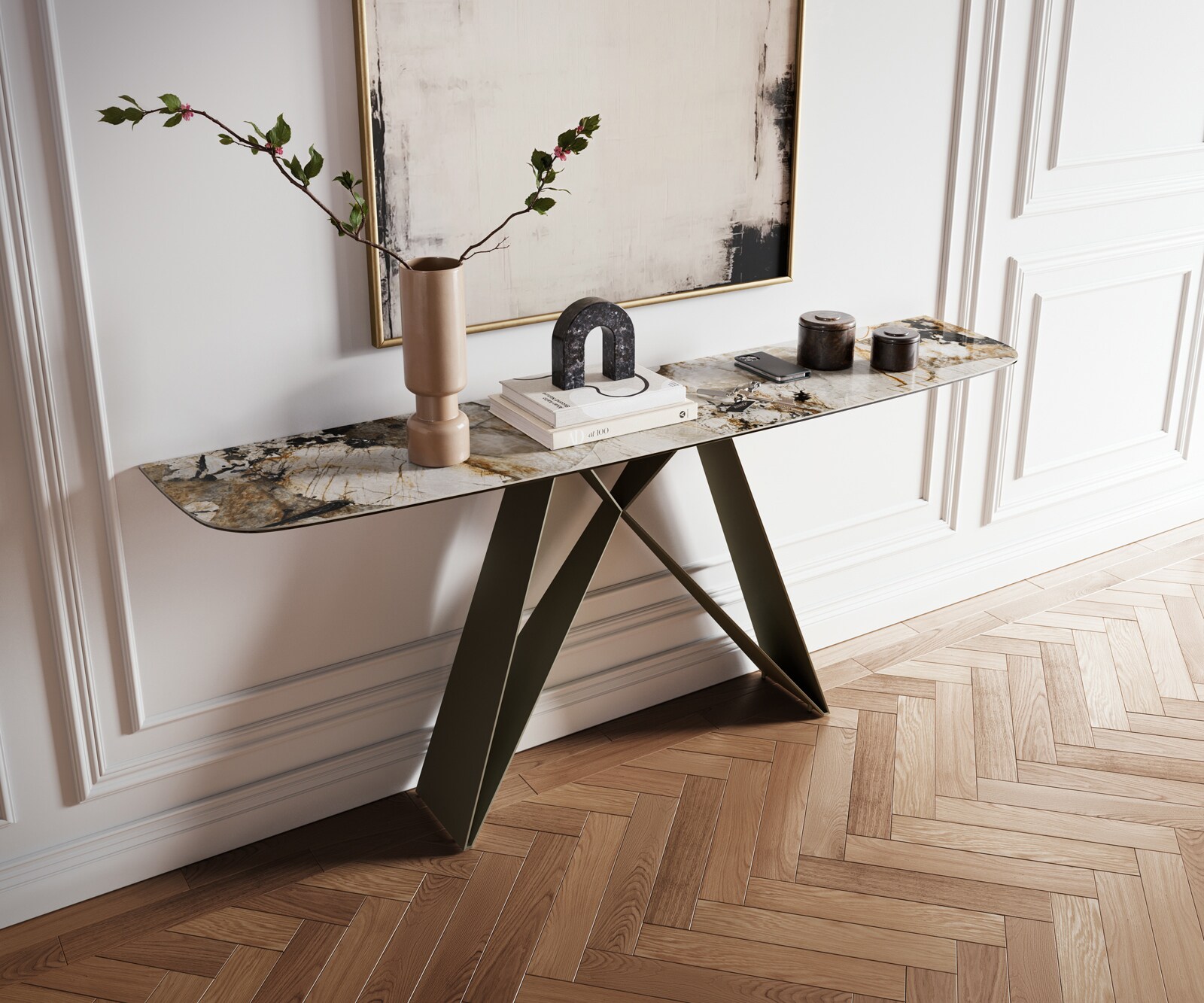 Console Edge forme bateau 180x40 cm Céramique Patagonia Poliert Velio Métal Effektfinish Titan 4