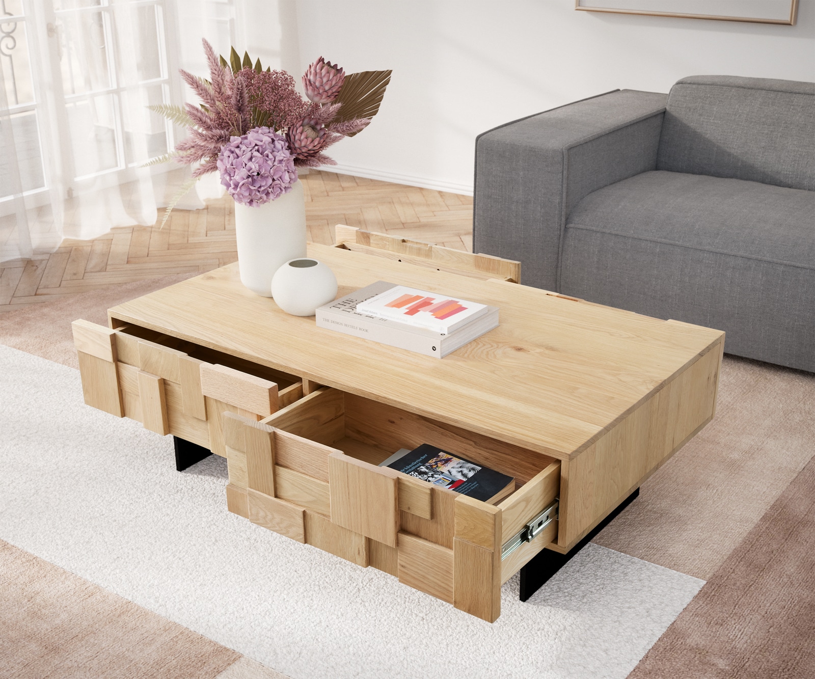 Couchtisch Puzzle 120 cm 4 Schubfächer Eiche Natur Fuß schwebend Metall schwarz 3 Couchtisch Puzzle 120 cm 4 Schubfächer Eiche Natur Fuß schwebend Metall schwarz 3