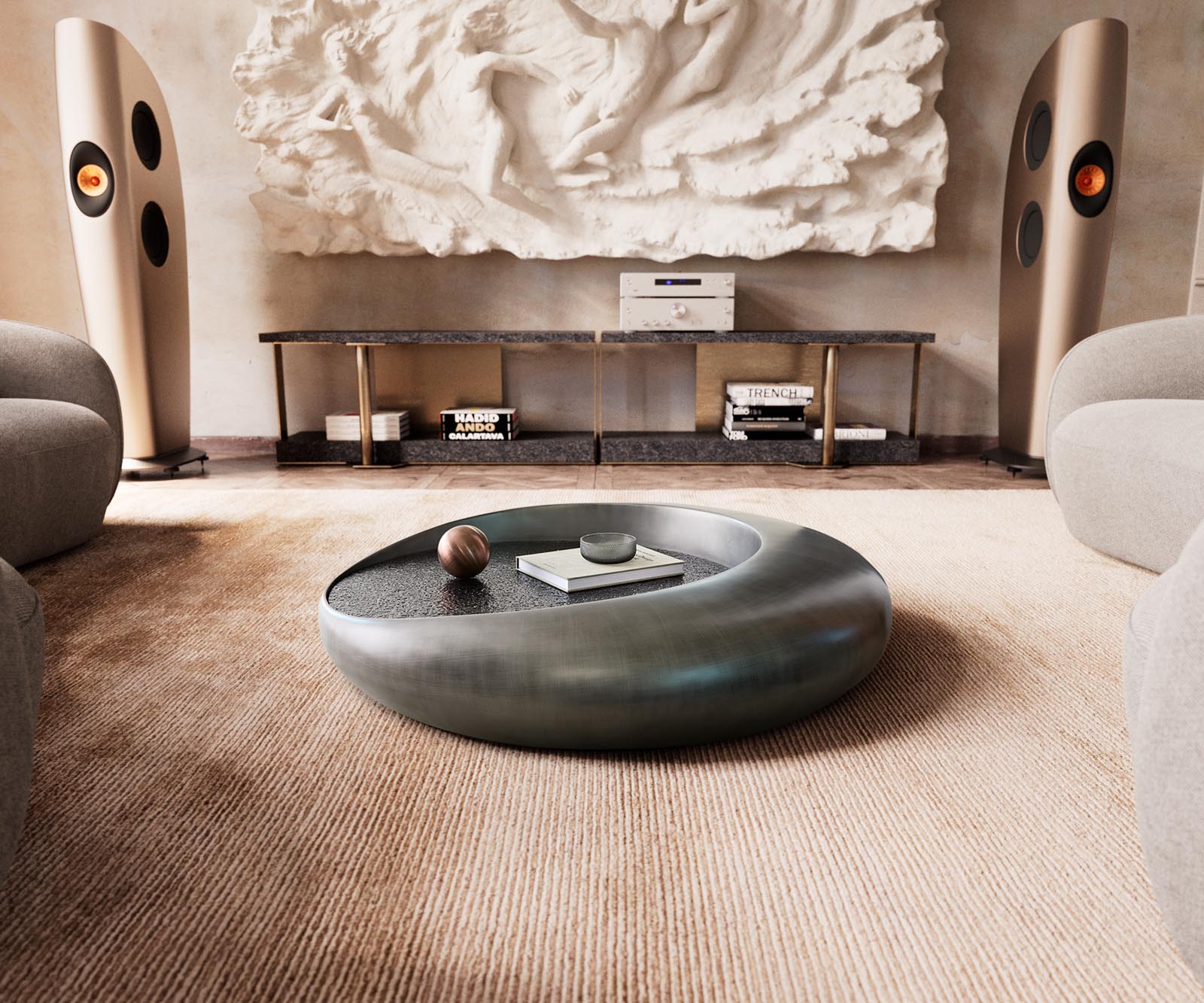 Couchtisch Blaise 100x100 cm Metallic Silber mit Reliefglas Grau 1 Couchtisch Blaise 100x100 cm Metallic Silber mit Reliefglas Grau 1