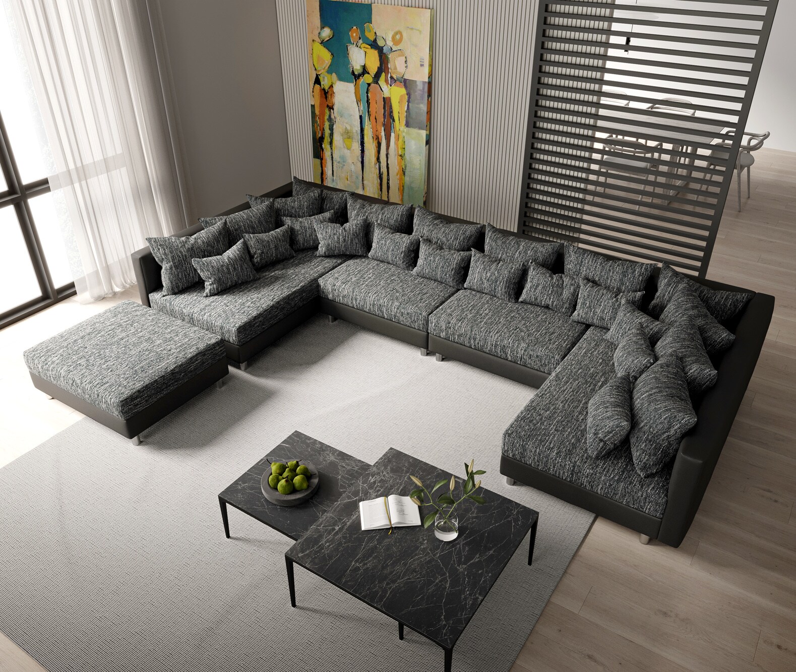 Canapé-Panoramique Clovis XL Canapé modulable noir avec tabouret  4