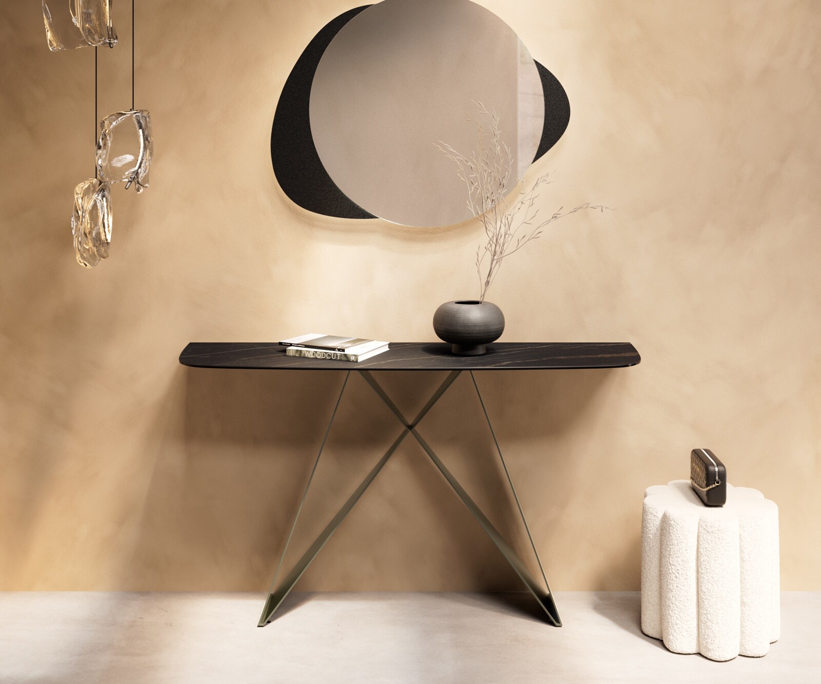 Konsolentisch Edge Boot 140x40 cm Keramik Laminam® Noir Desir Braun Velio Metall Effektfinish Titan 1