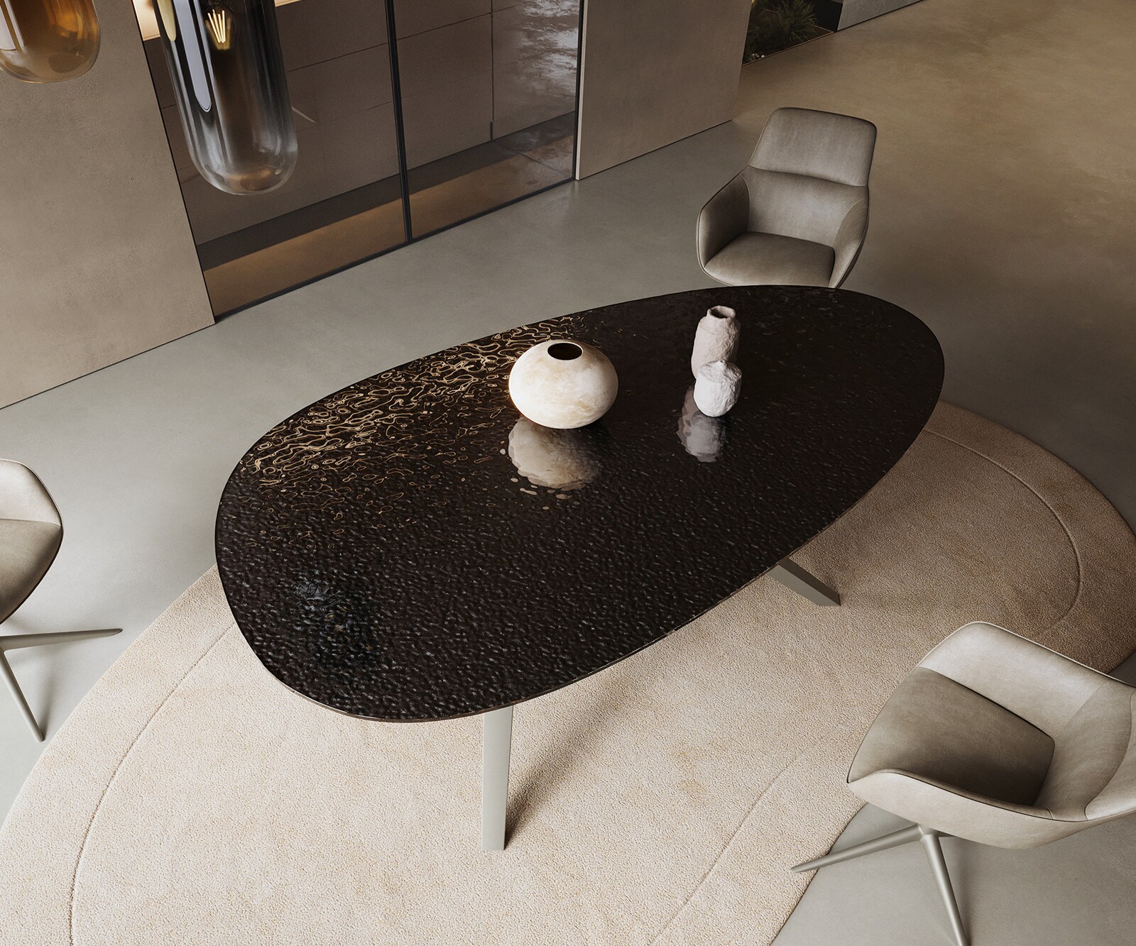 Esstisch Edge Oval 220x120 Reliefglas Rauchschwarz 3D-Design Zenthara kantig Metall Effektfinish Titan 3