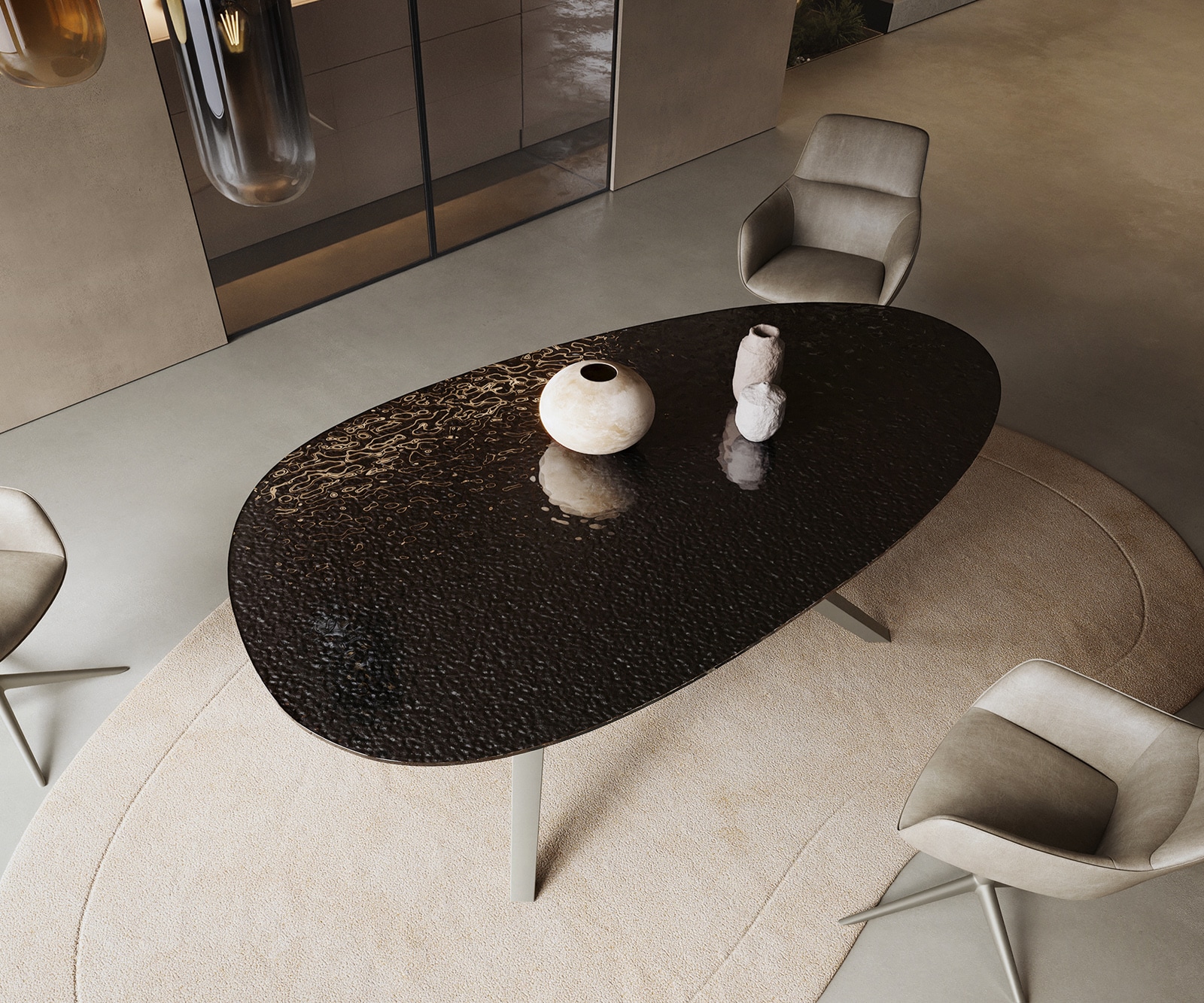 Esstisch Edge Oval 220x120 Reliefglas Rauchschwarz 3D-Design Zenthara kantig Metall Effektfinish Titan 3 Esstisch Edge Oval 220x120 Reliefglas Rauchschwarz 3D-Design Zenthara kantig Metall Effektfinish Titan 3