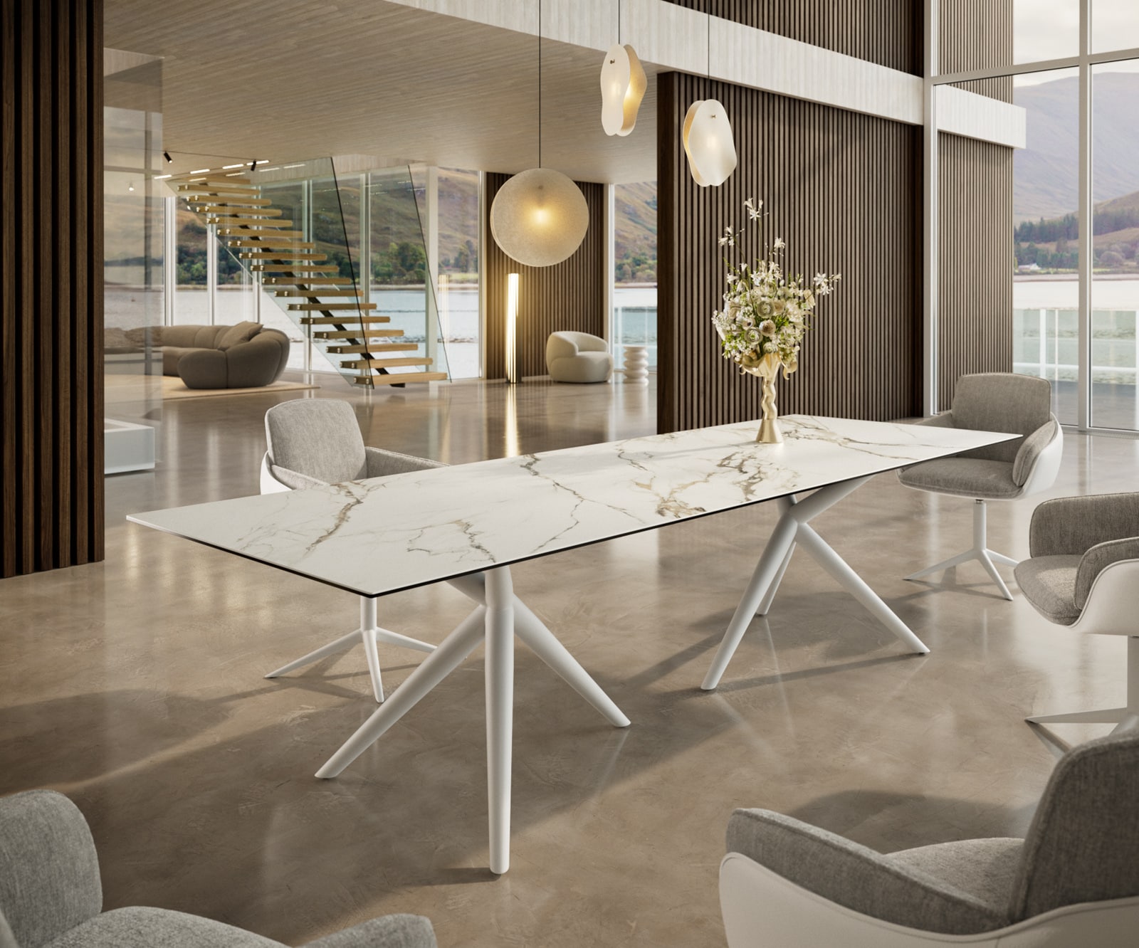 Table à manger Edge 300x100 Céramique Calacatta Luxe Blanc-Doré-Gris Estelar rond Métal Blanc 1 Table à manger Edge 300x100 Céramique Calacatta Luxe Blanc-Doré-Gris Estelar rond Métal Blanc 1