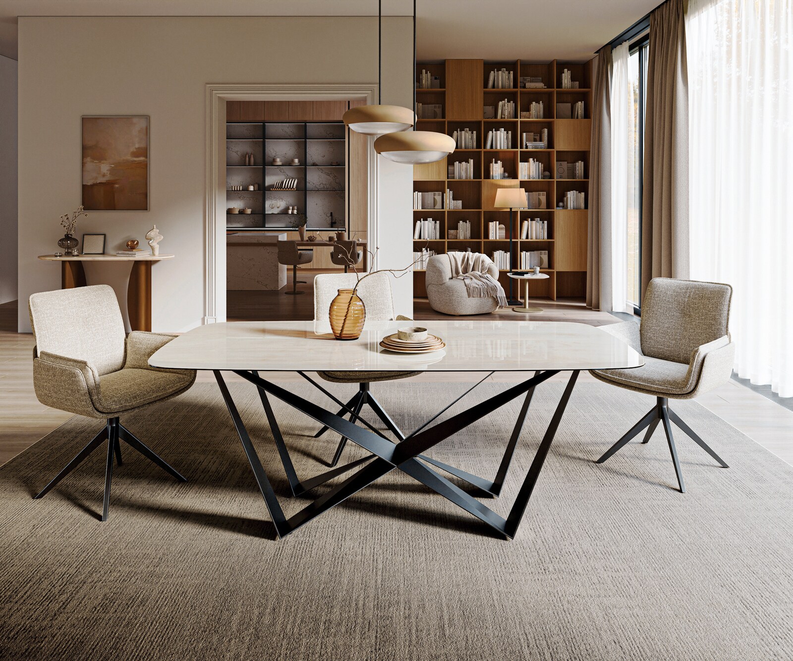 Esstisch Edge Boot 200x100 cm Keramik Onyx Champagne Spider Flachstahl Schwarz 1