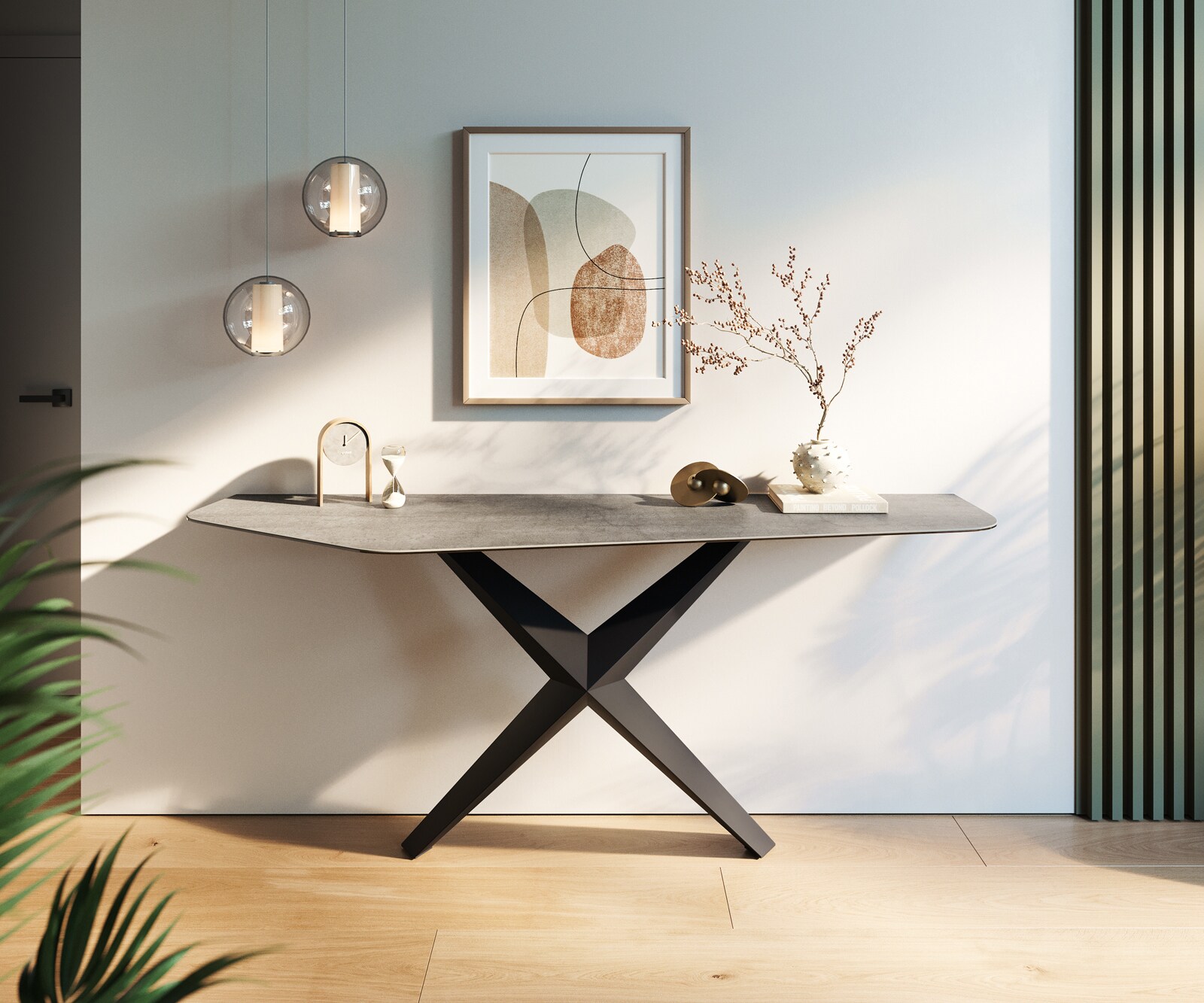 Console Edge Polygonal 180x50 cm Céramique Gris béton Livos Métal Noir 3