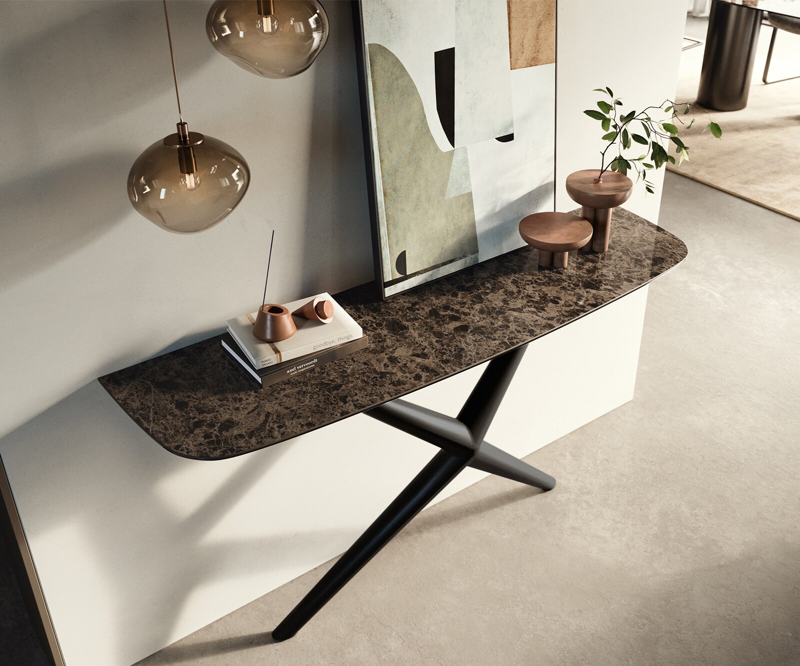 Console Edge forme bateau 140x40 cm Céramique Emperador Extra Lucidato Dunkelbraun Estelo Métal Noir 2