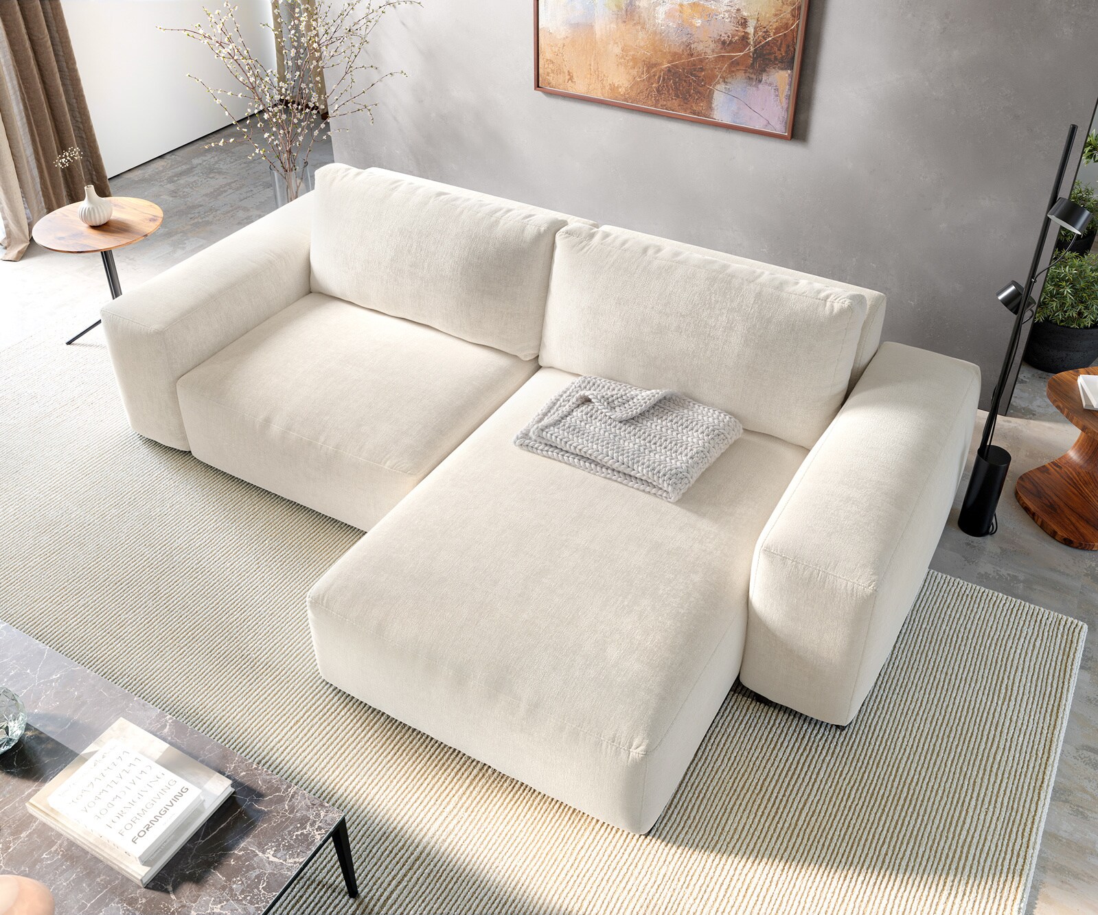 Canapé d'angle Lanzo 230x155 cm Tissu texturé doux Beige Méridienne modulable 4
