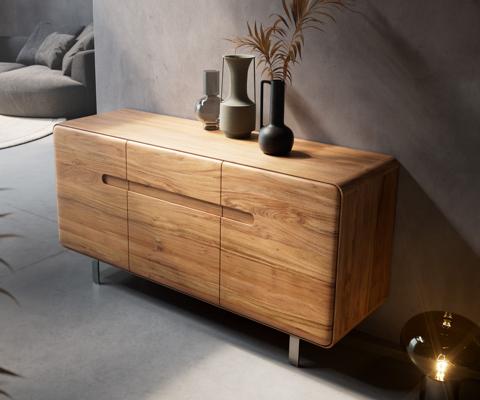 Sideboard Anaya 145 cm Akazie Natur 3 Türen L-Fuß Edelstahl 3 Sideboard Anaya 145 cm Akazie Natur 3 Türen L-Fuß Edelstahl 3