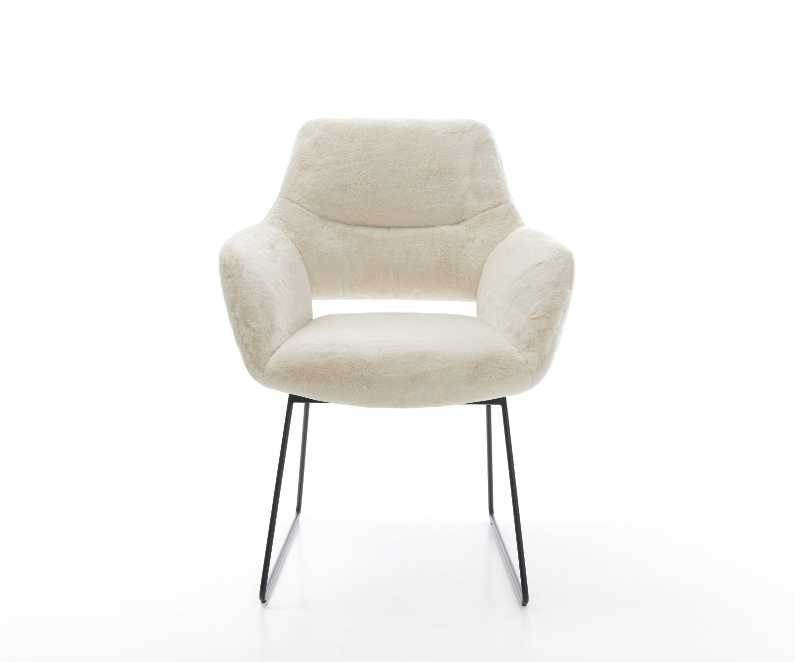 Chaise-de-salle-à-manger Yago-Flex avec accoudoirs peluche crème-blanc pied trapèze noir resorts ensachés 1