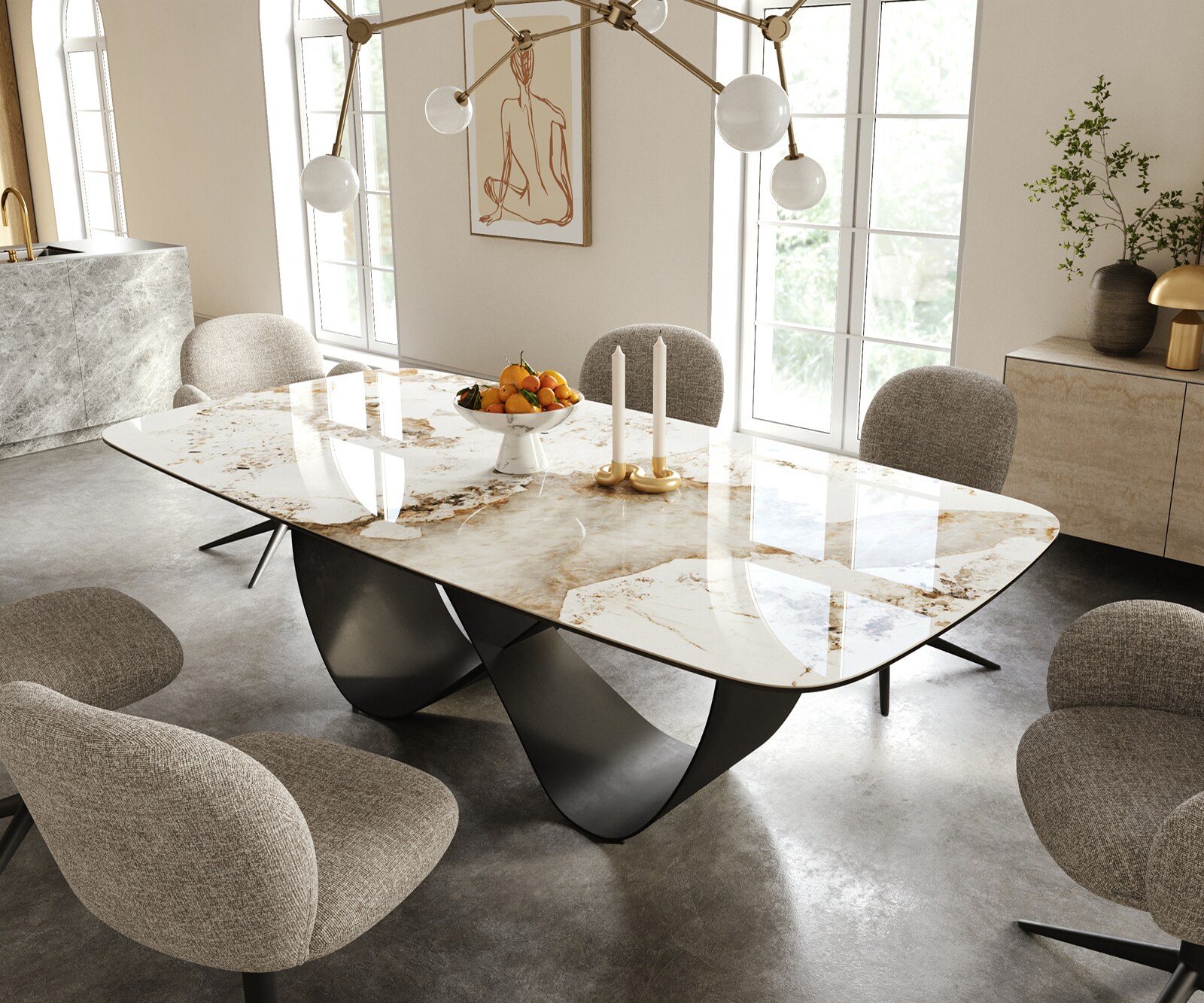 Esstisch Edge Boot 240x120 cm Keramik Minas Melange Weiß-Beige Infinity Metall Schwarz